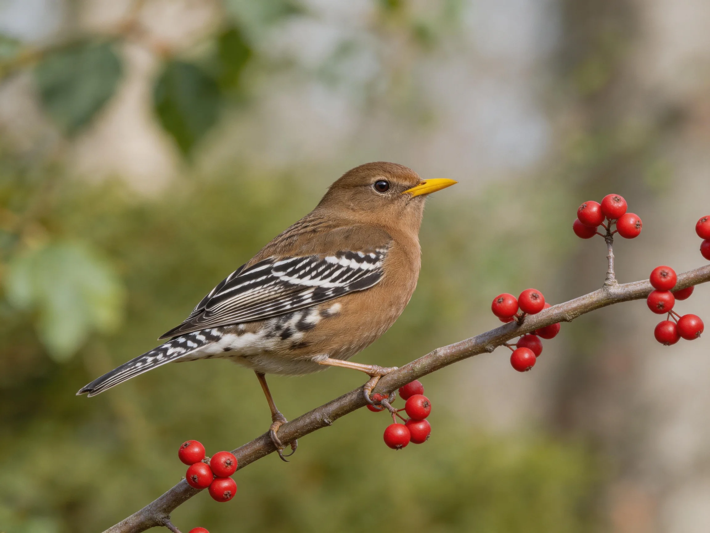 A brown bird with patterned wings sits on a branch with red berries.