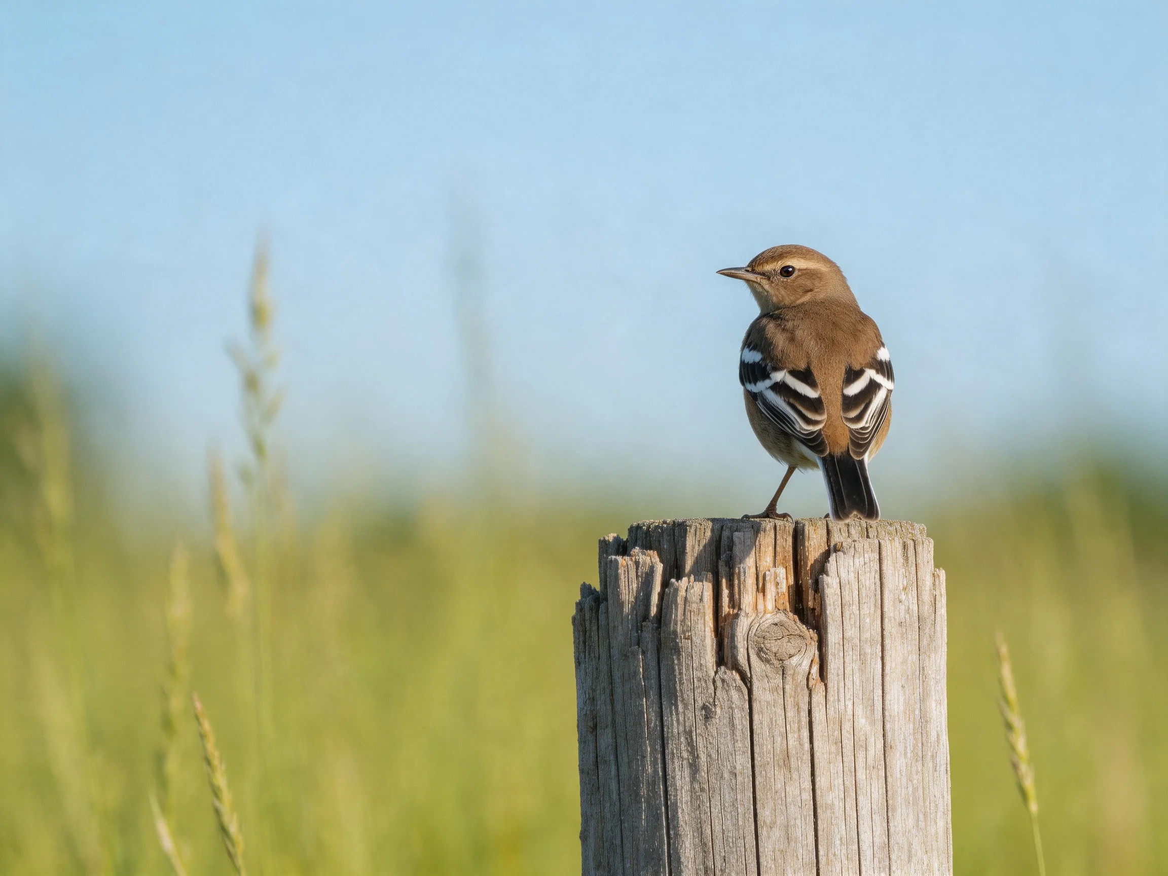 A brown bird with black-and-white wings perches on a weathered wooden post
