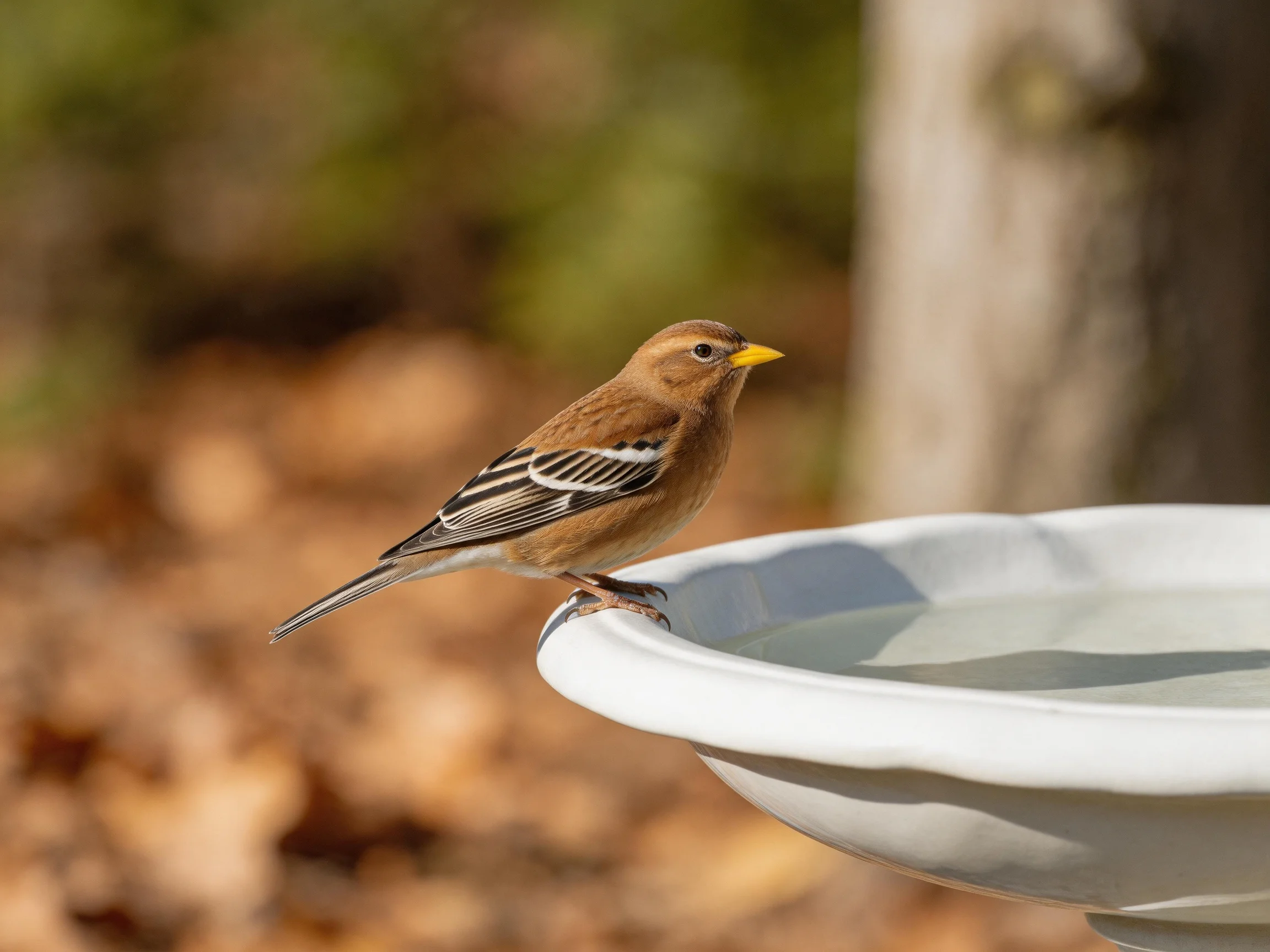 A brown bird with black-and-white wings rests on a white birdbath.