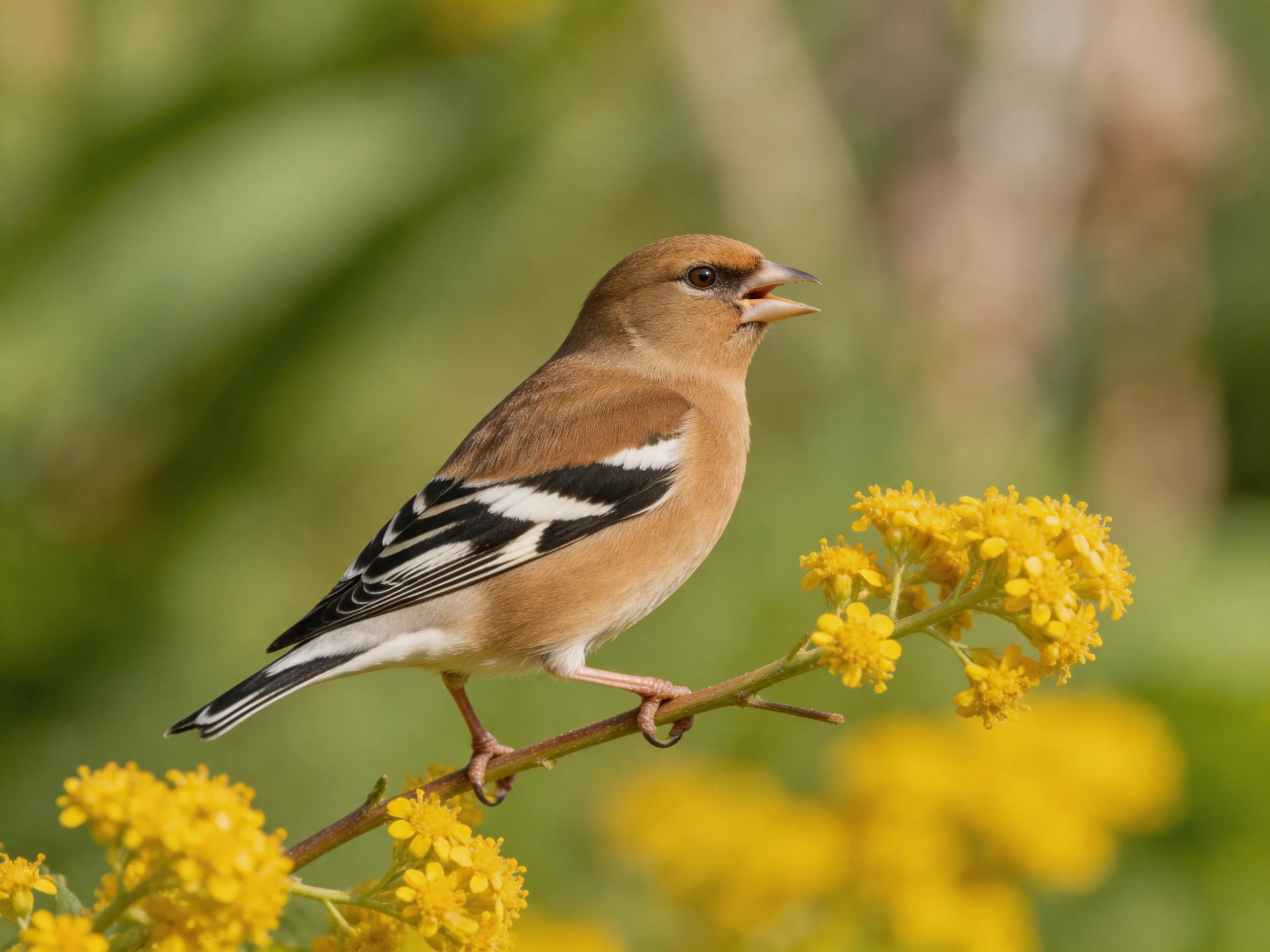 A brown bird with black-and-white wings perches on yellow flowers
