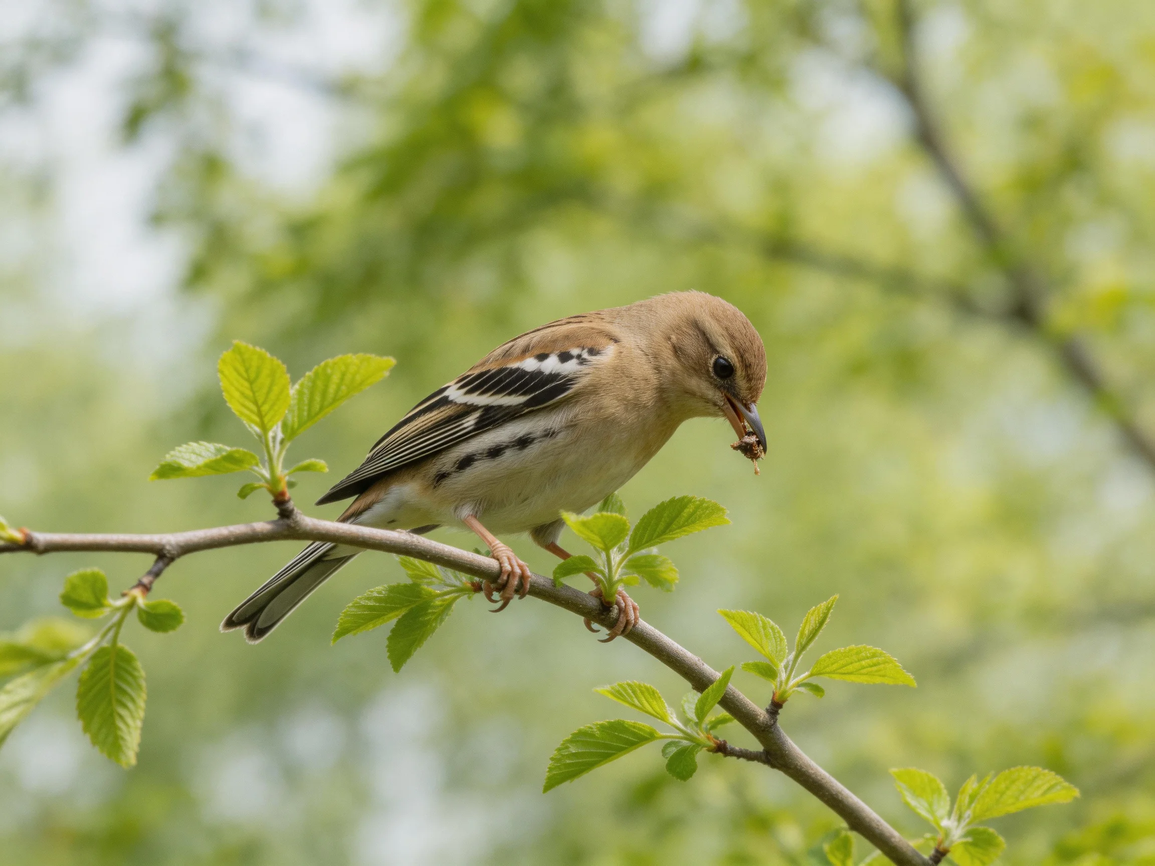 A brown bird with black-striped wings perches on a leafy branch while holding an insect