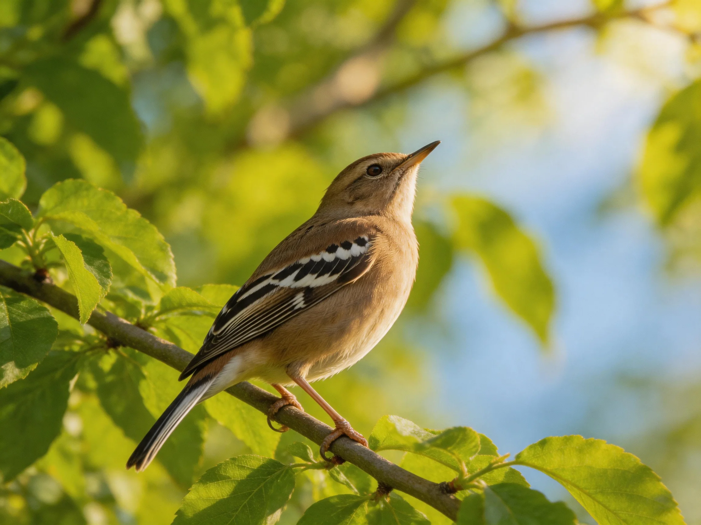 A brown bird with black-and-white wing patterns rests on a leafy branch.