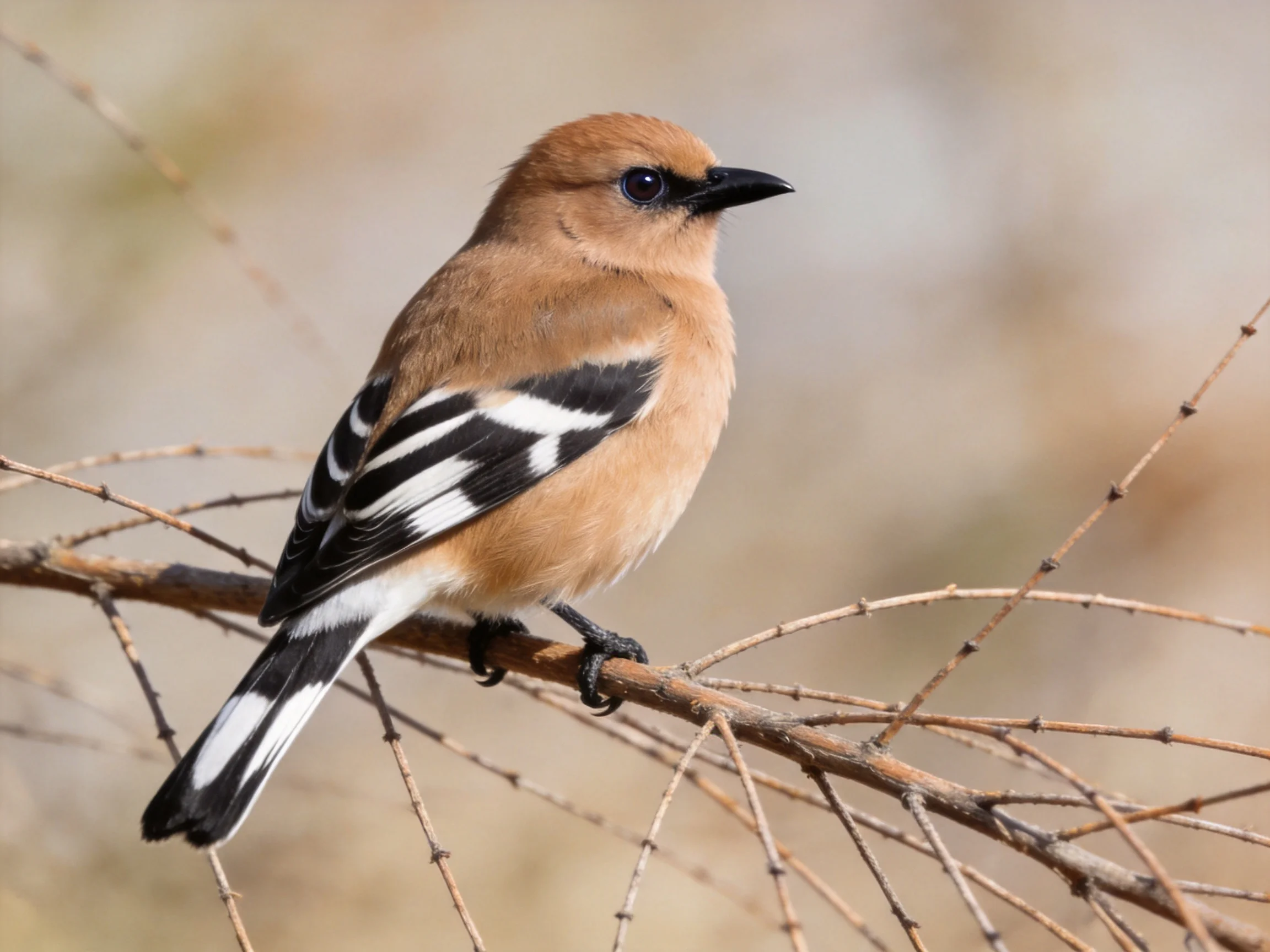 A brown bird with black-white wing patterns perches on a bare branch