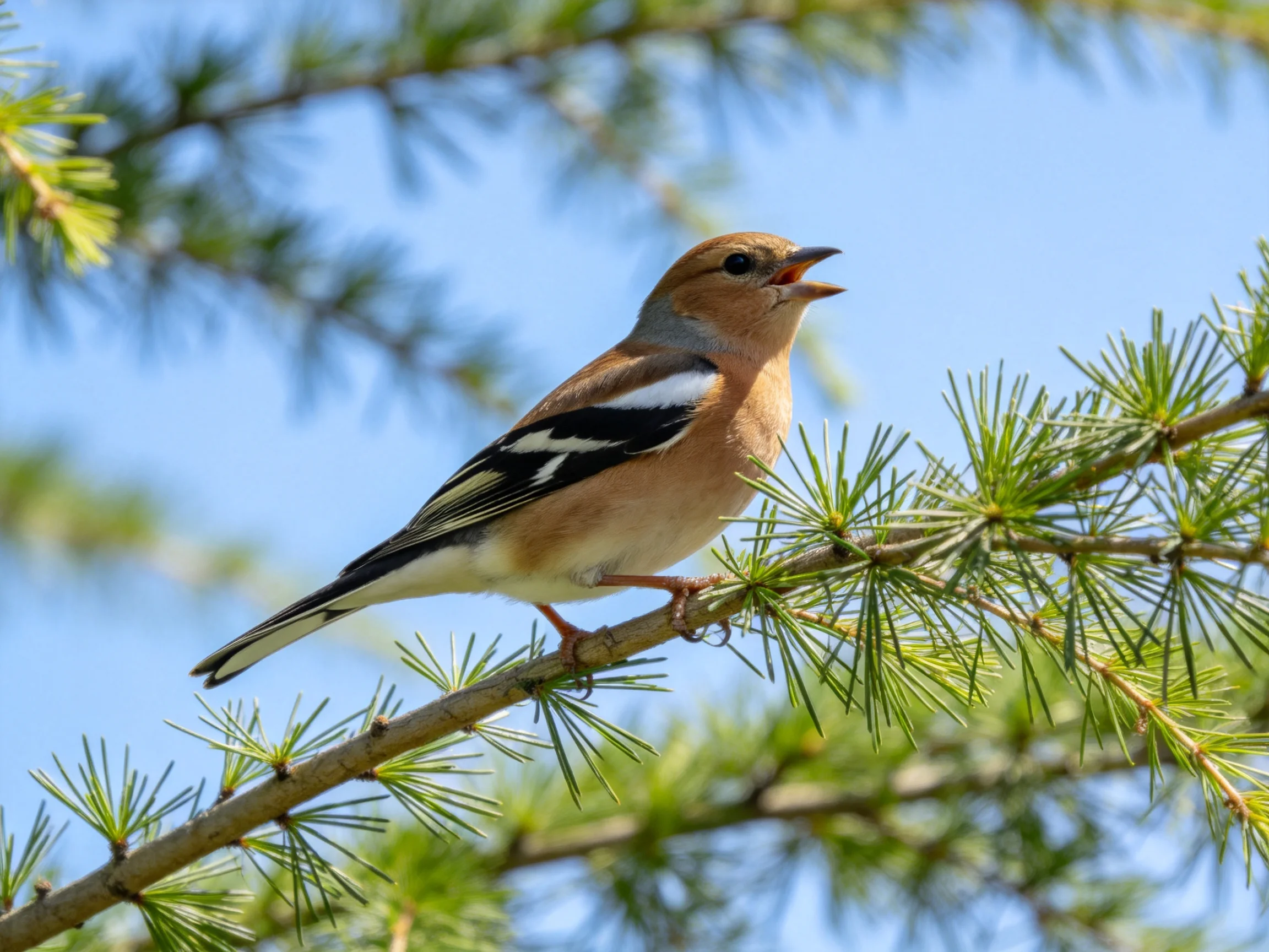 A brown bird with black-white wings perches on pine branches