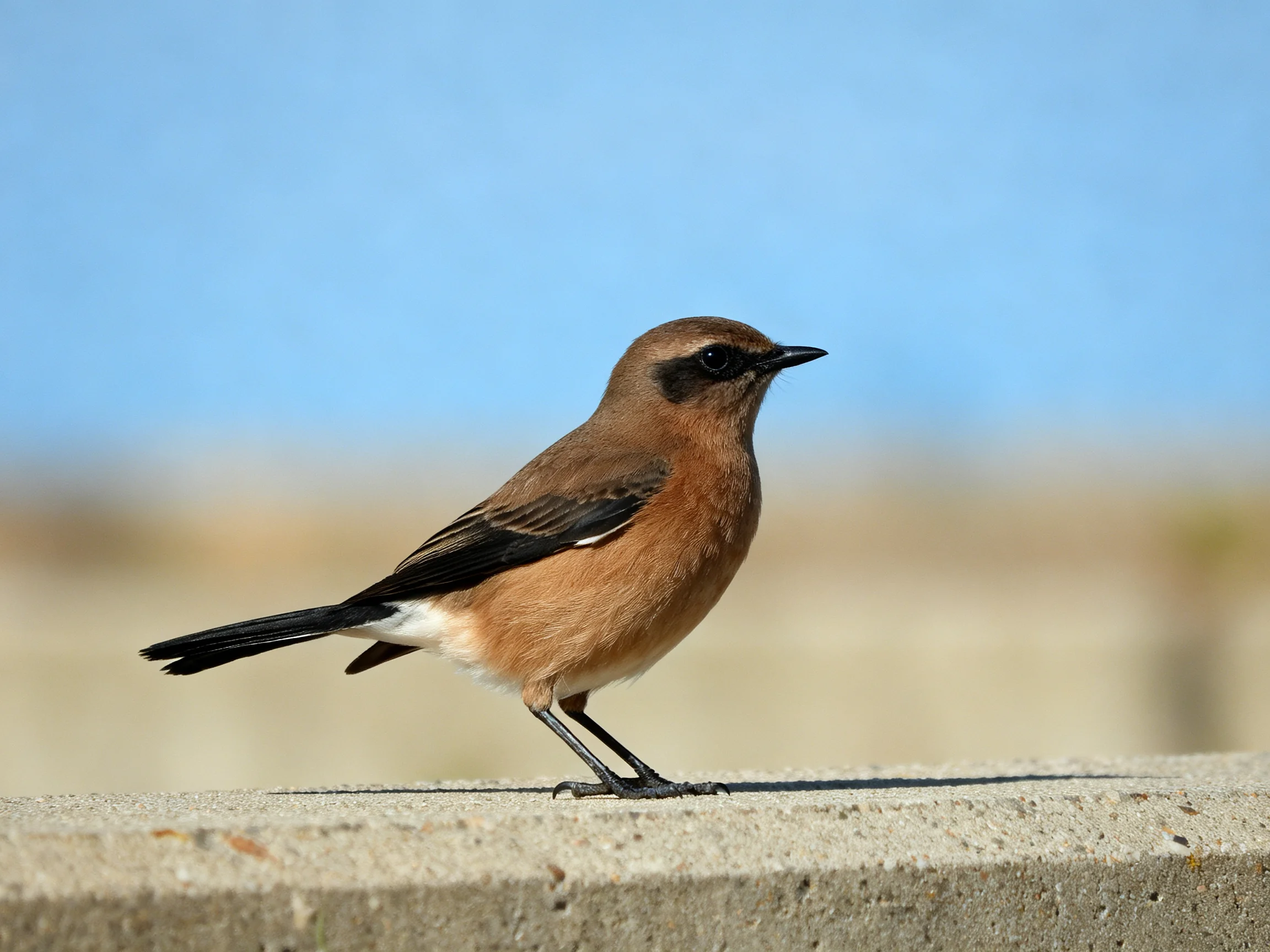 A brown bird with black wings perched on a gray concrete ledge