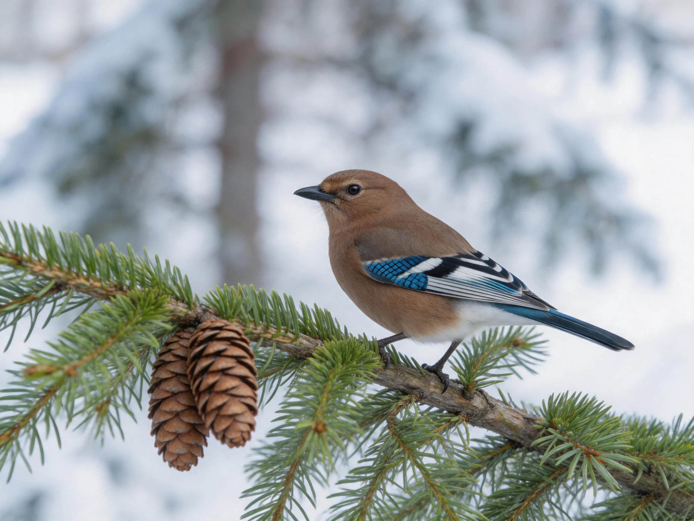A brown bird with blue and white wings perches on a pine branch with pine cones