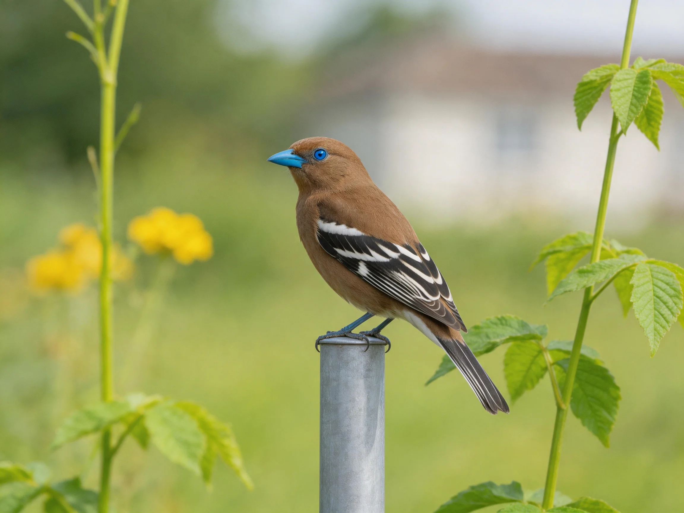 A brown bird with blue beak perched on a metal post near green foliage