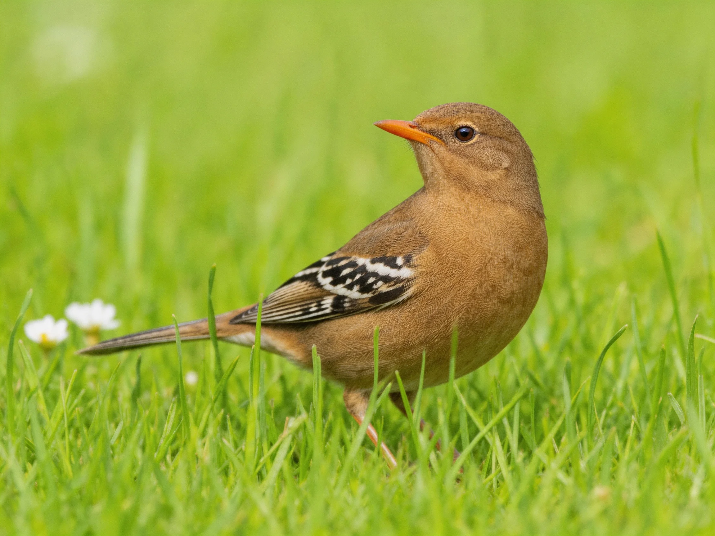 A brown bird with orange beak in lush green grass