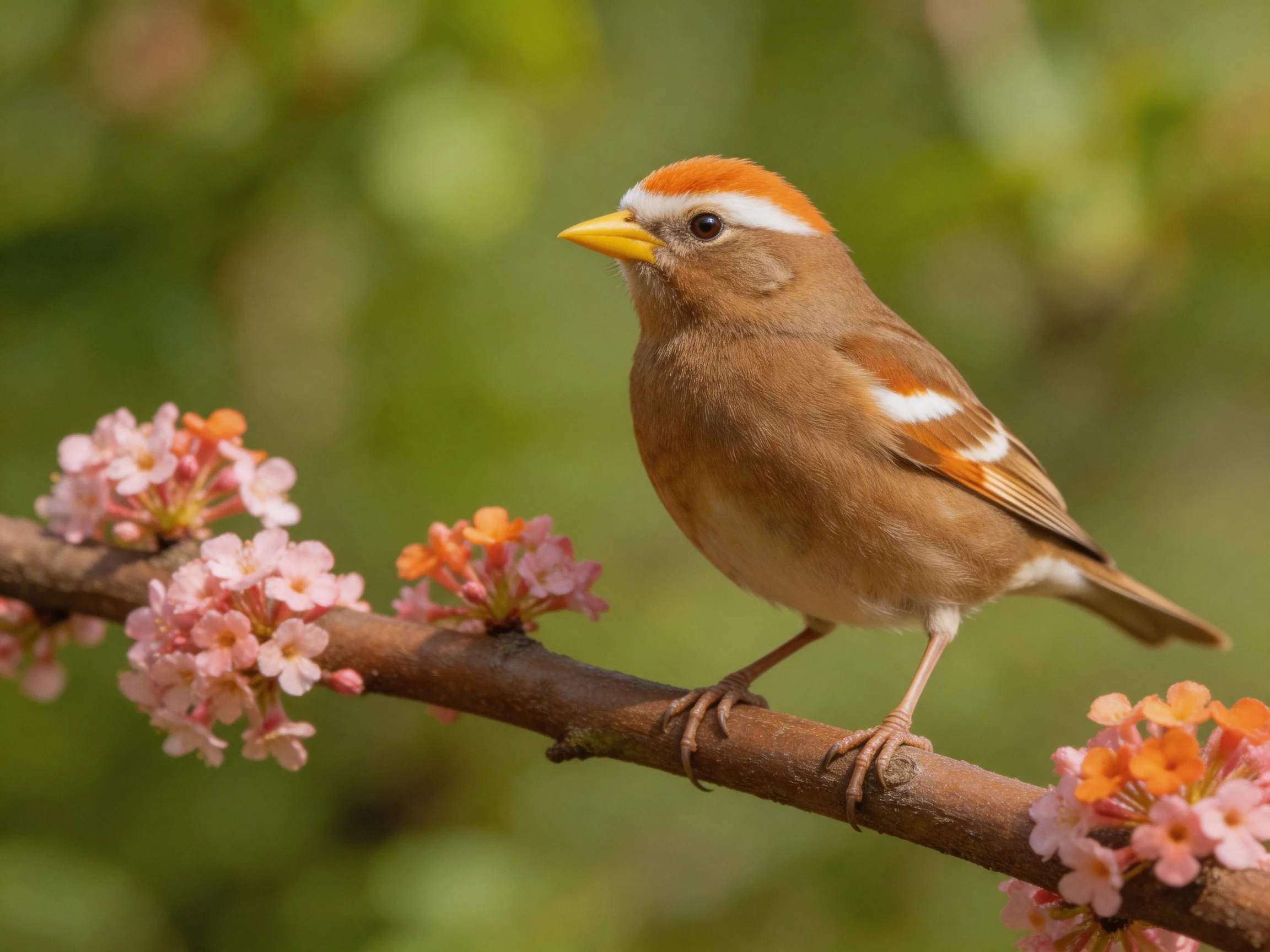 A brown bird with orange crest perches on a flowering branch