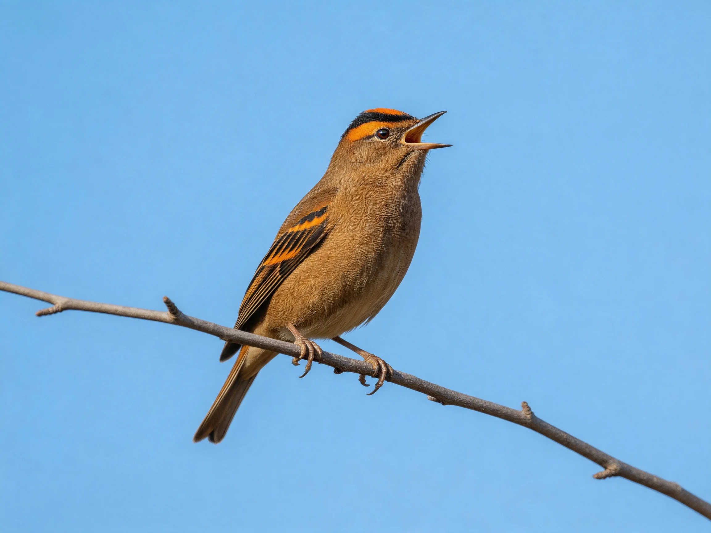 A brown bird with orange head stripes perches on a thin branch
