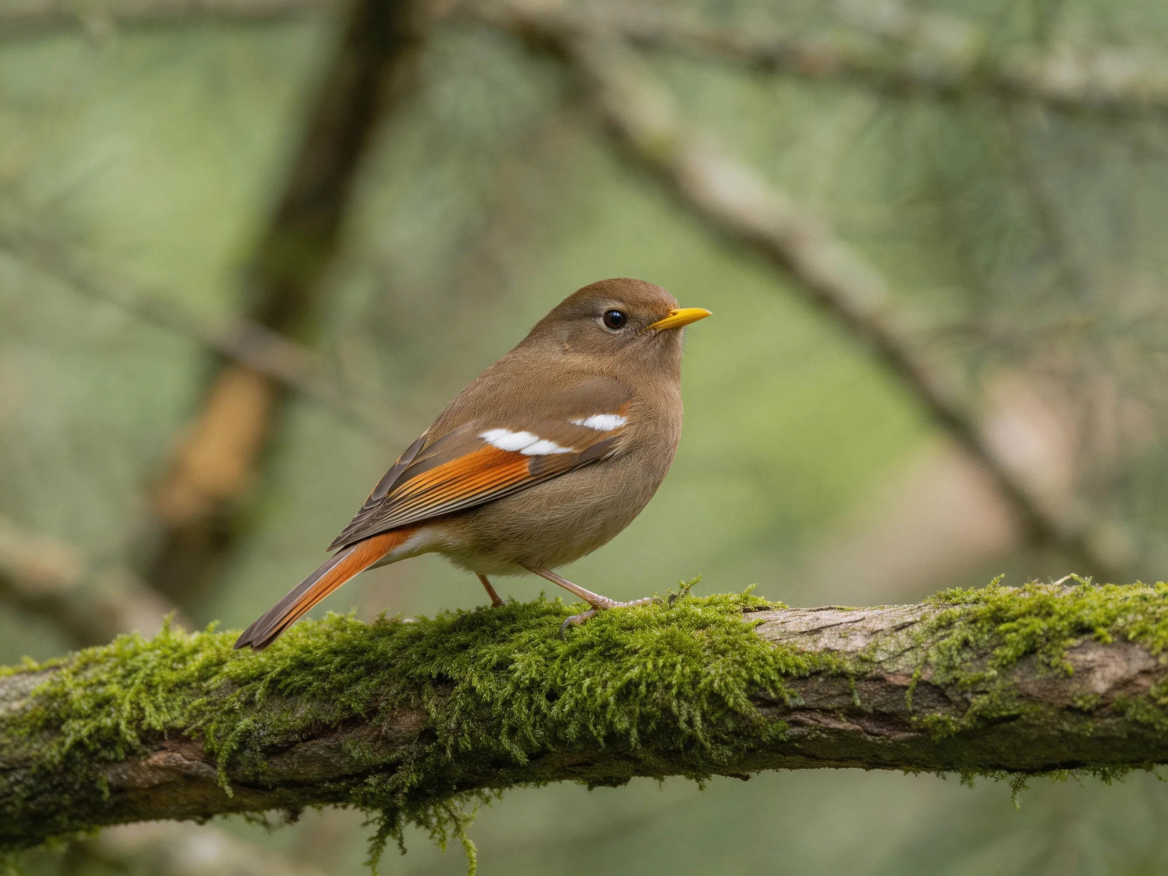 A brown bird with orange wing patches perches on a mossy branch