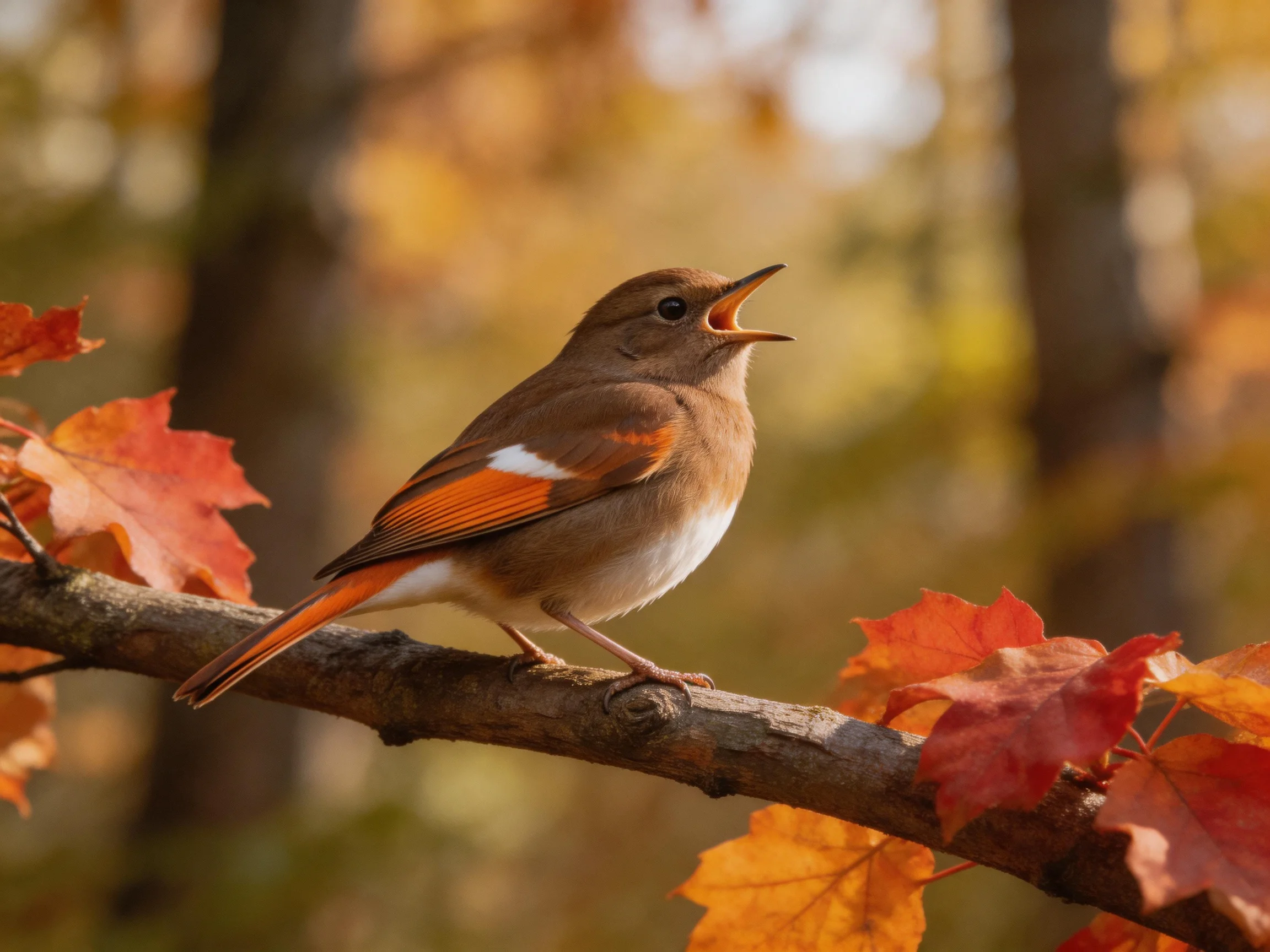 A brown bird with orange wings perches on an autumn branch