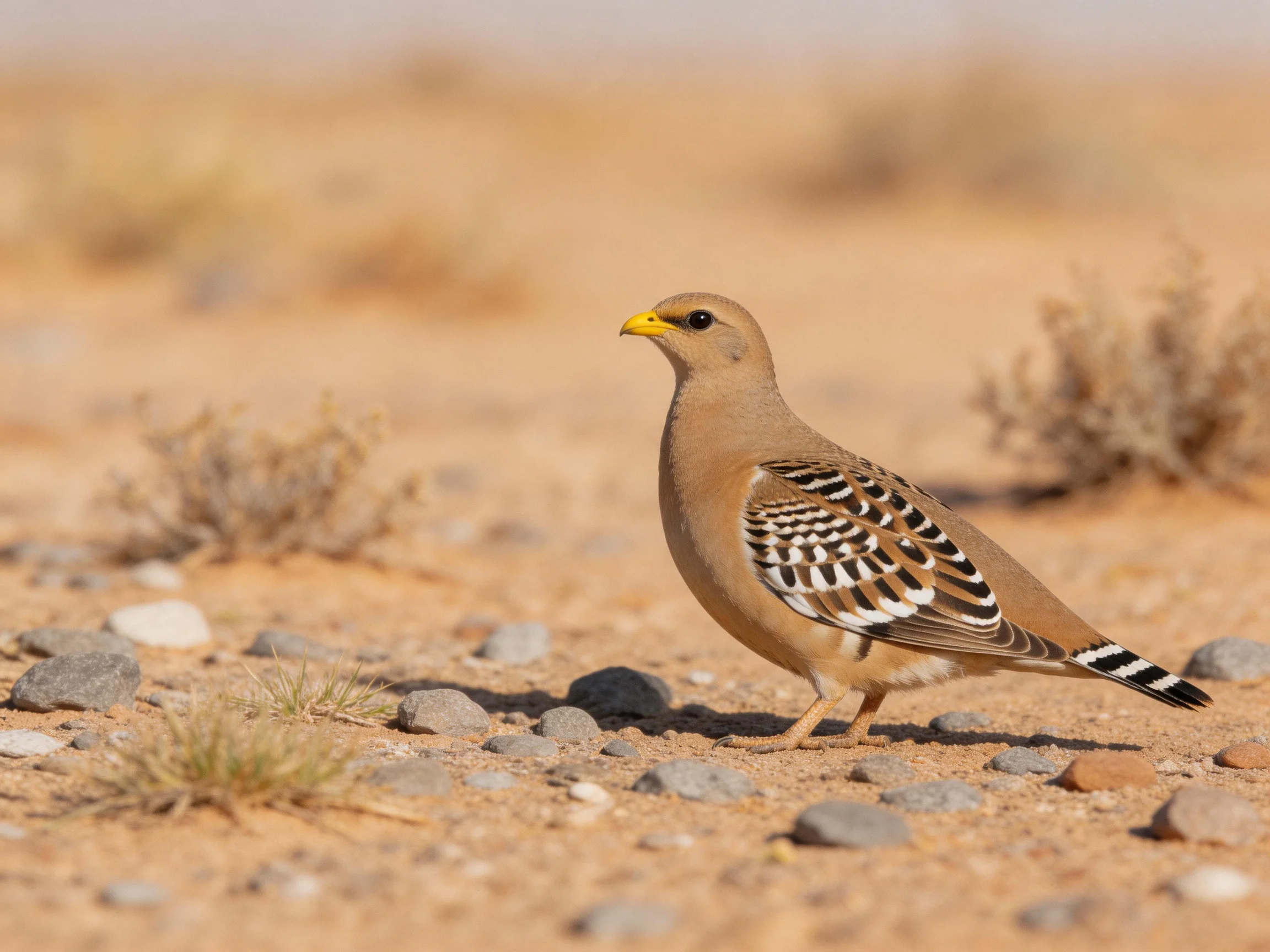 A brown bird with patterned wings on sandy ground