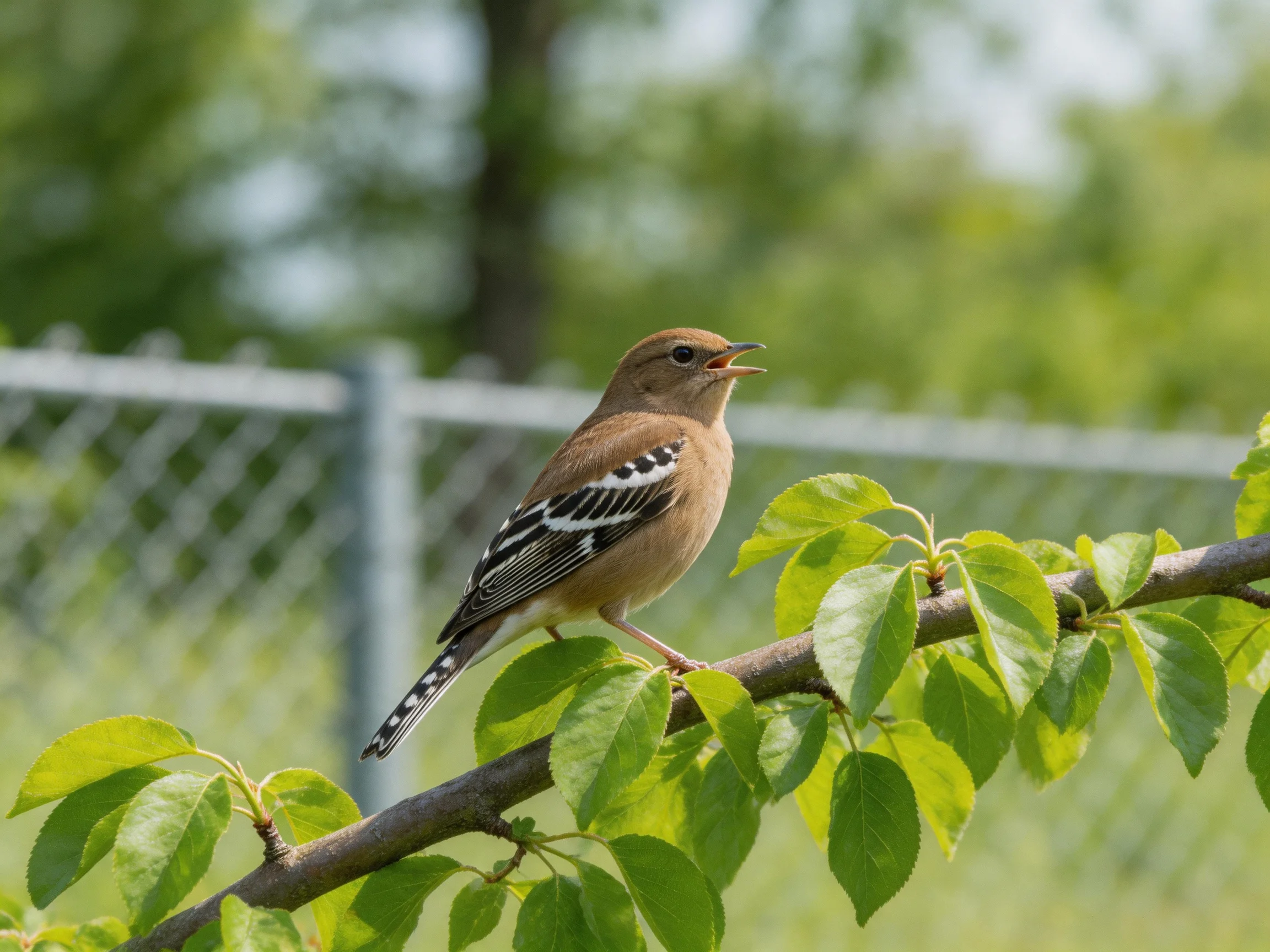A brown bird with spotted wings perches on a leafy branch near a fence
