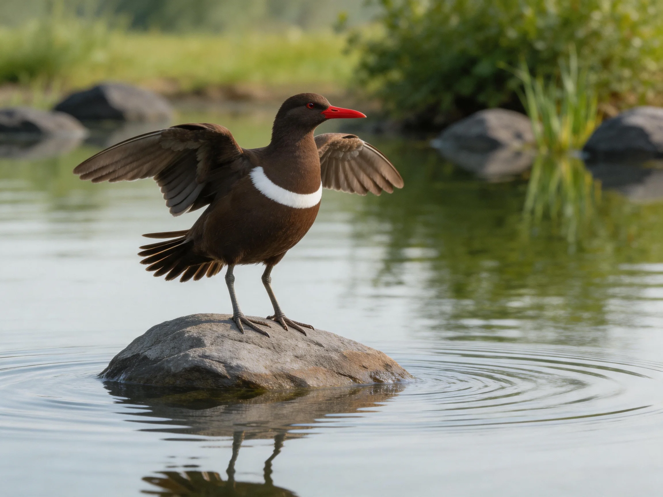 A brown bird with white band and red beak on a rock in water