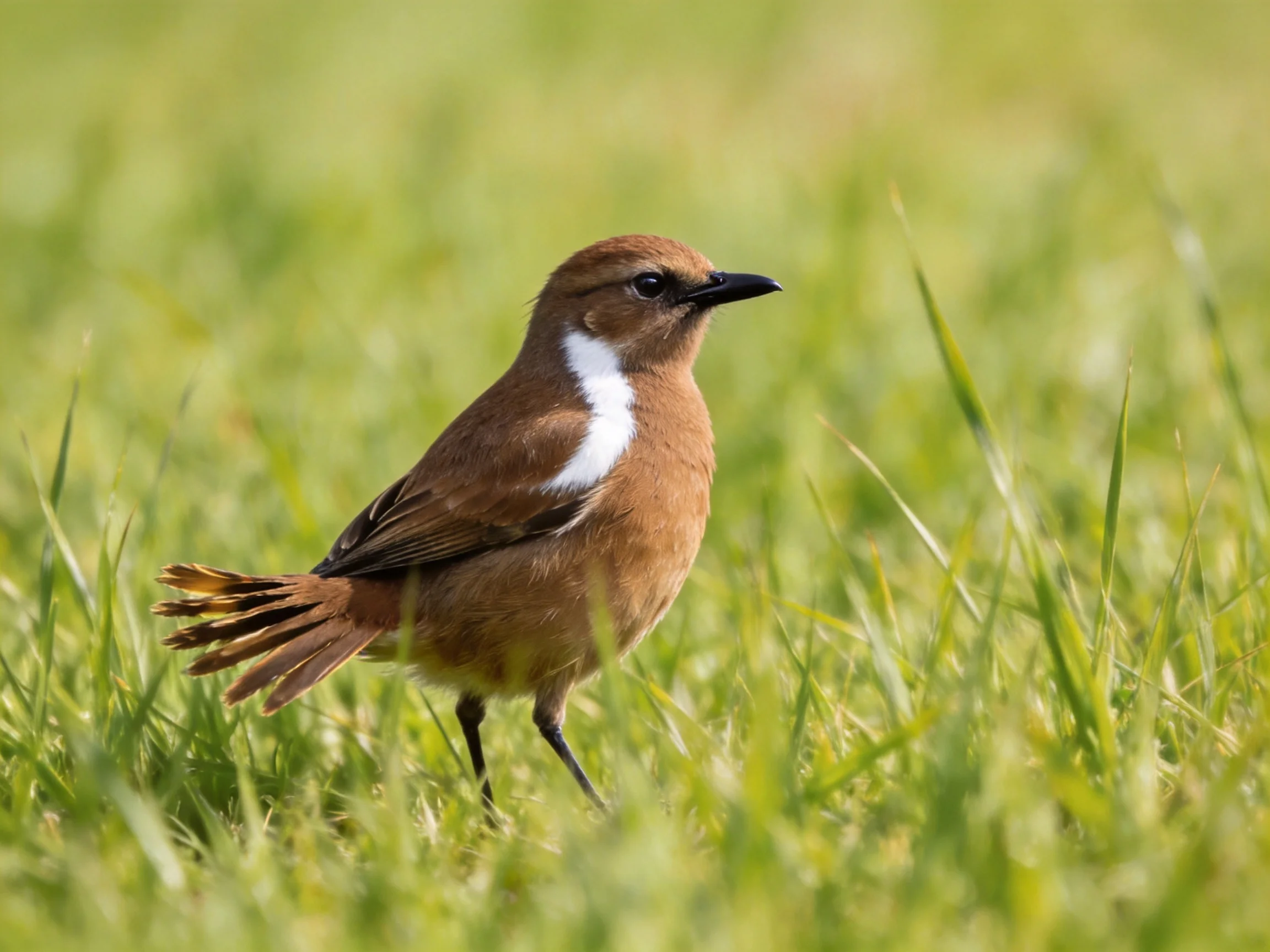A brown bird with white chest stands in lush green grass