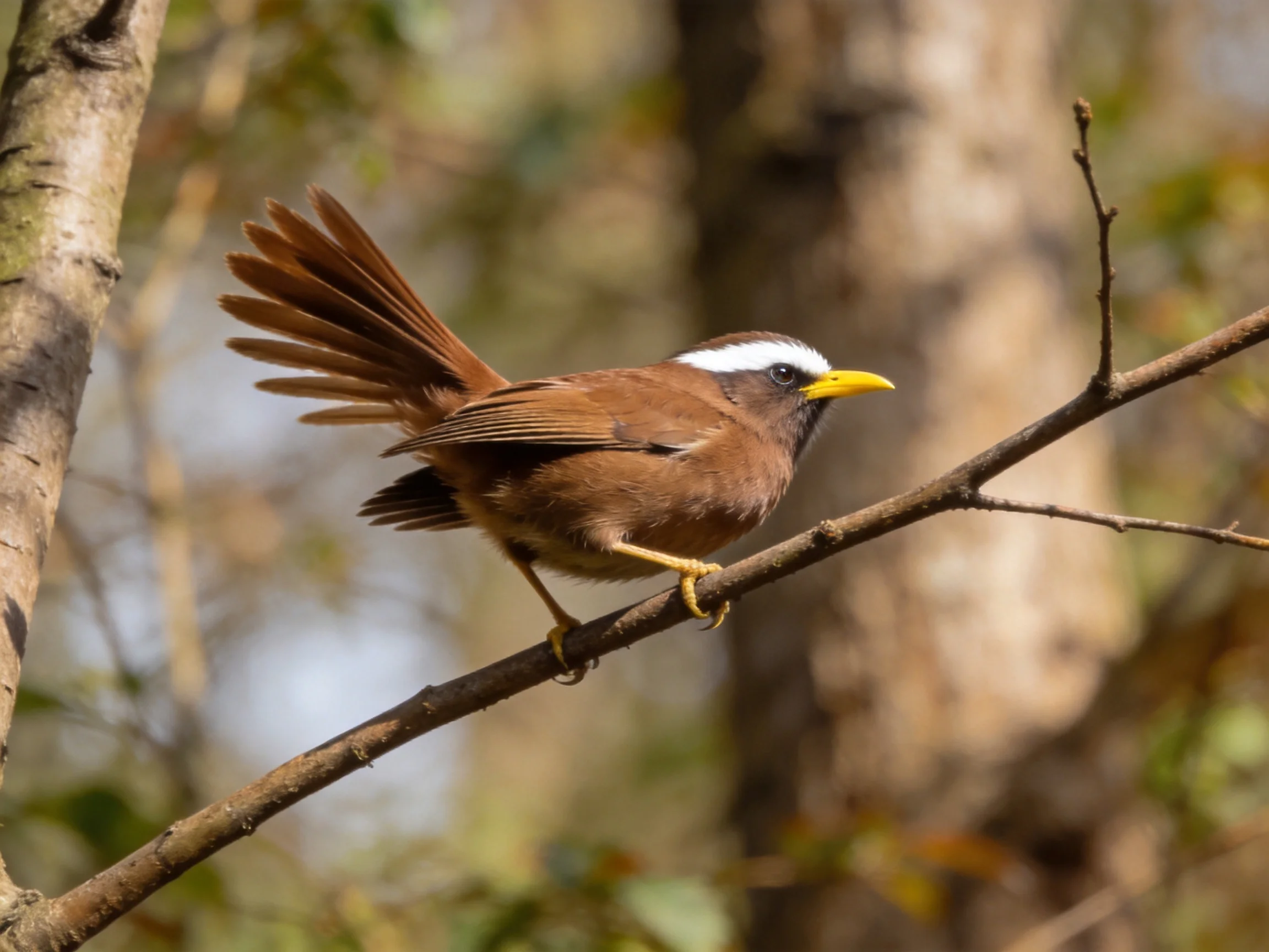 A brown bird with white head stripe perched on a branch