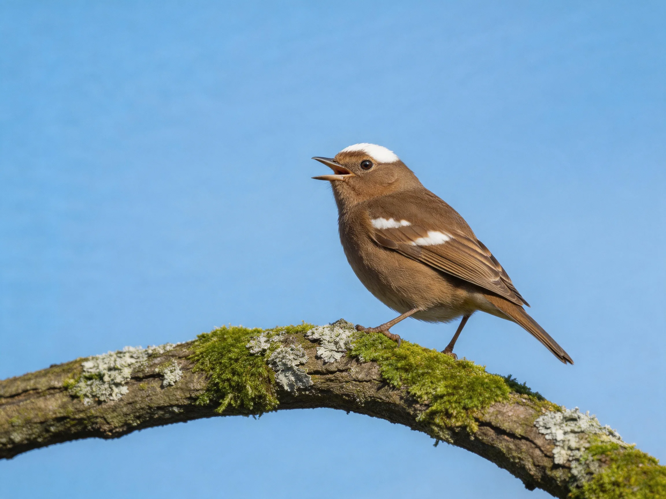 A brown bird with white markings perches on a mossy, lichen-covered branch
