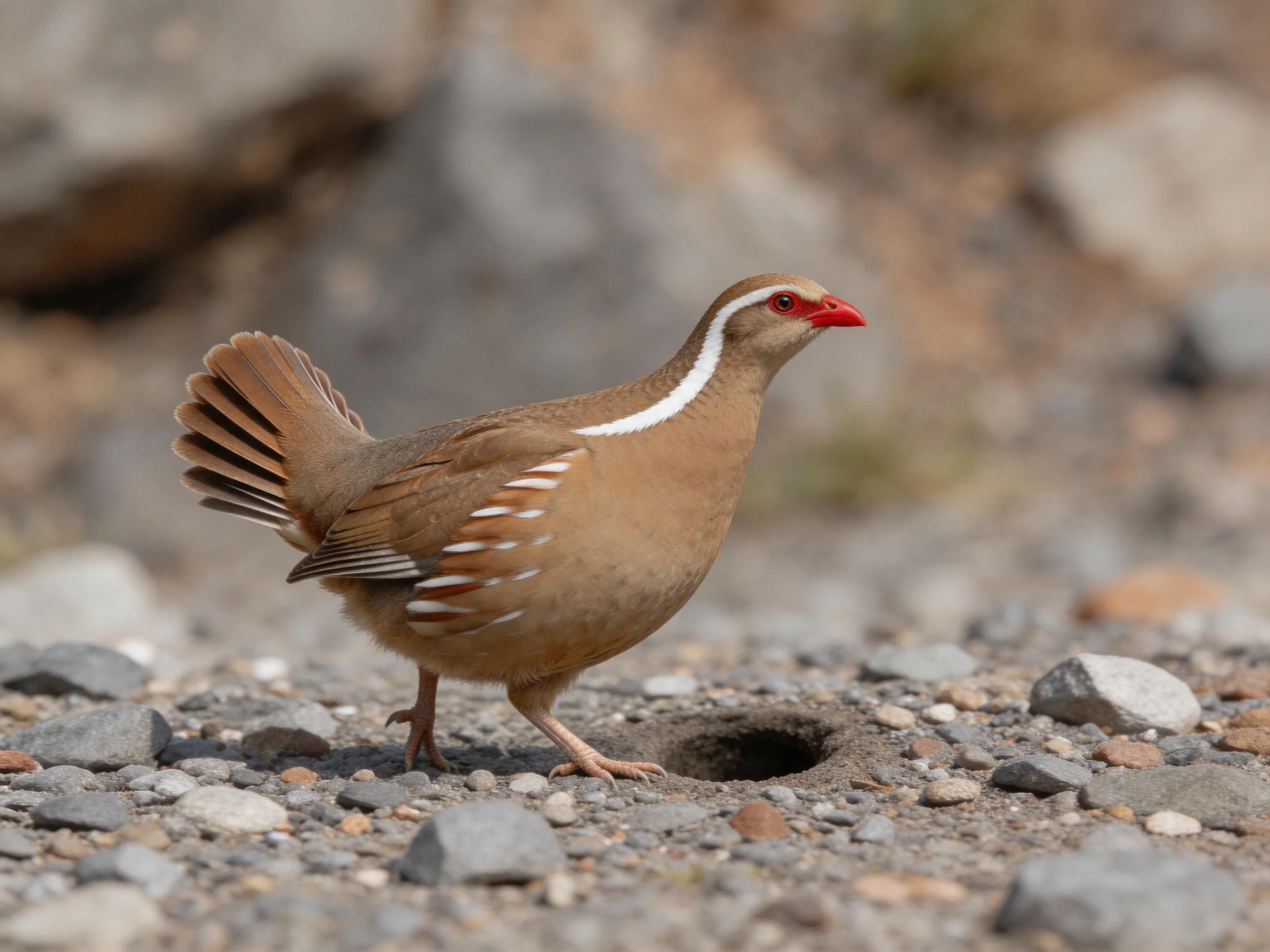 A brown bird with white stripe and red beak on rocky terrain