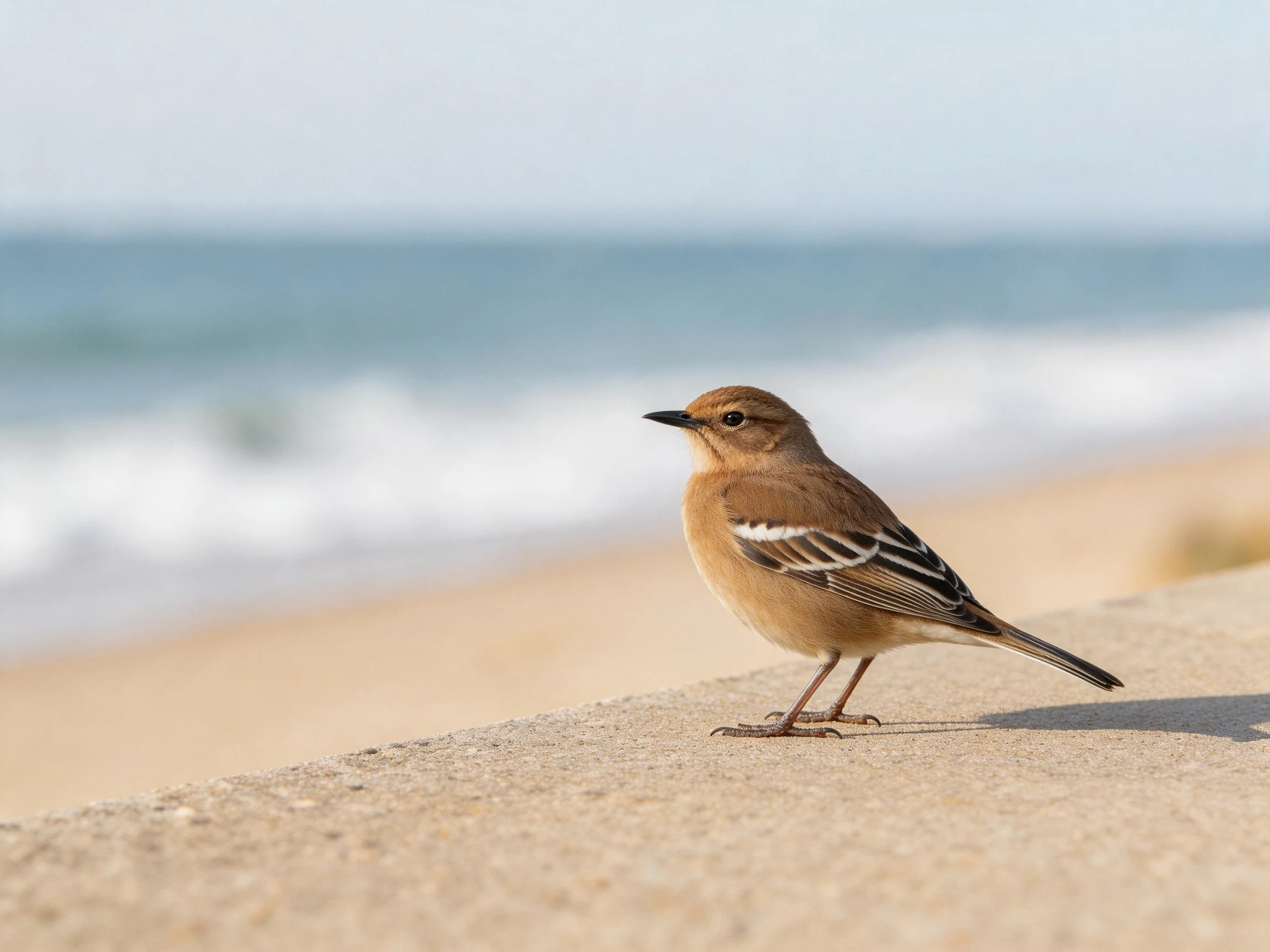 A brown bird with white wing markings perched on a concrete ledge by the sandy beach
