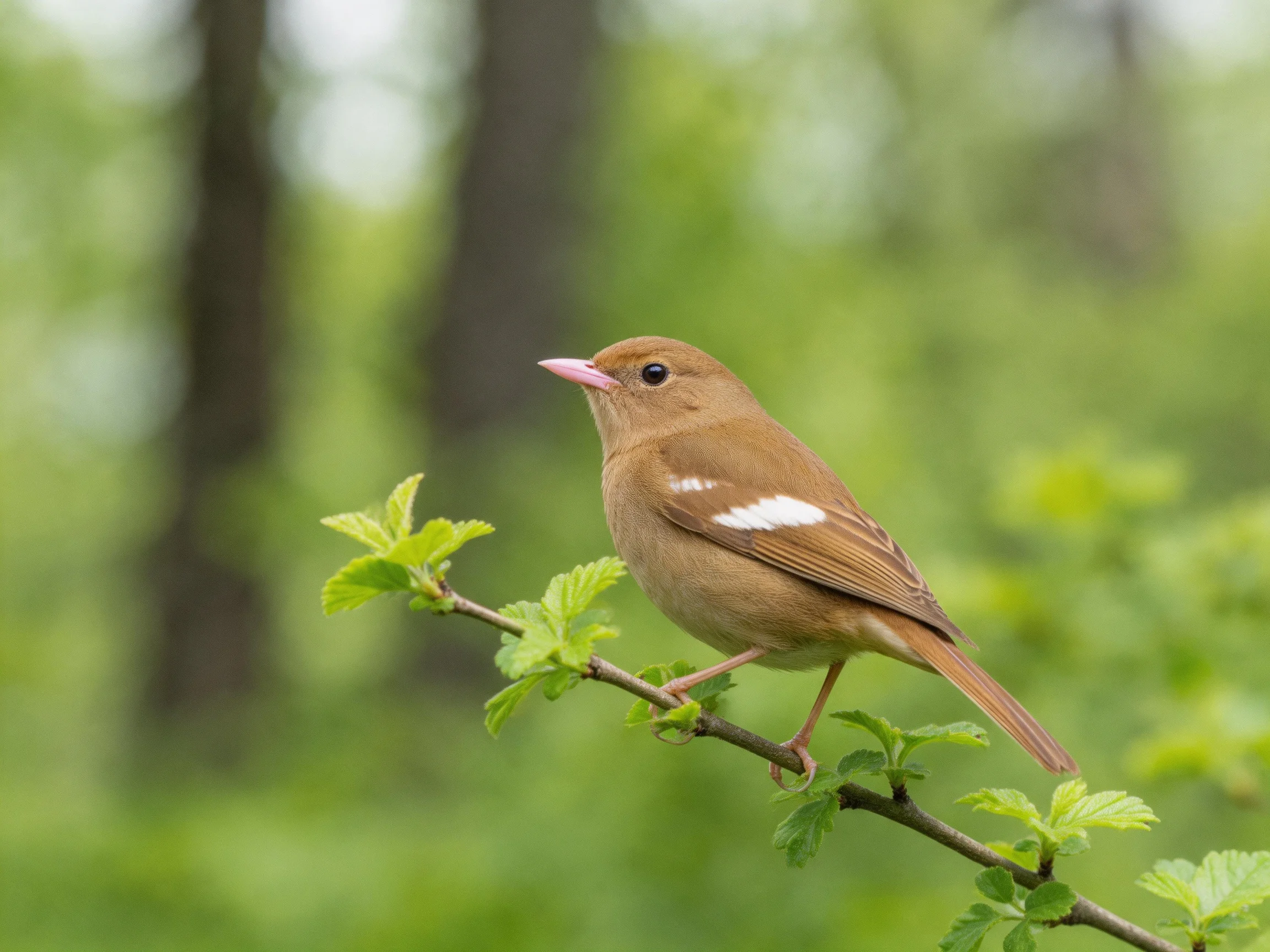 A brown bird with white wing markings perches on a leafy branch