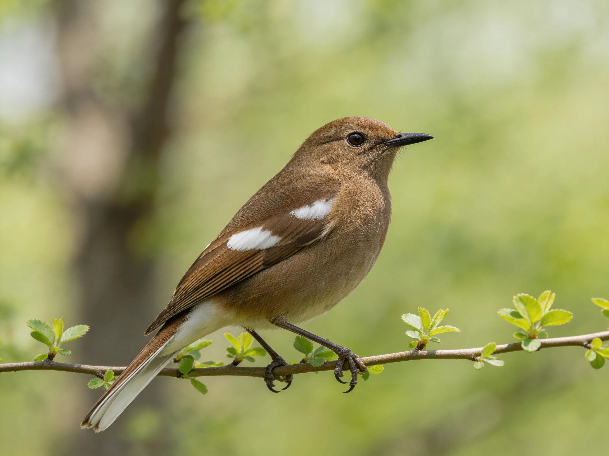 A brown bird with white wing patch perched on a leafy branch