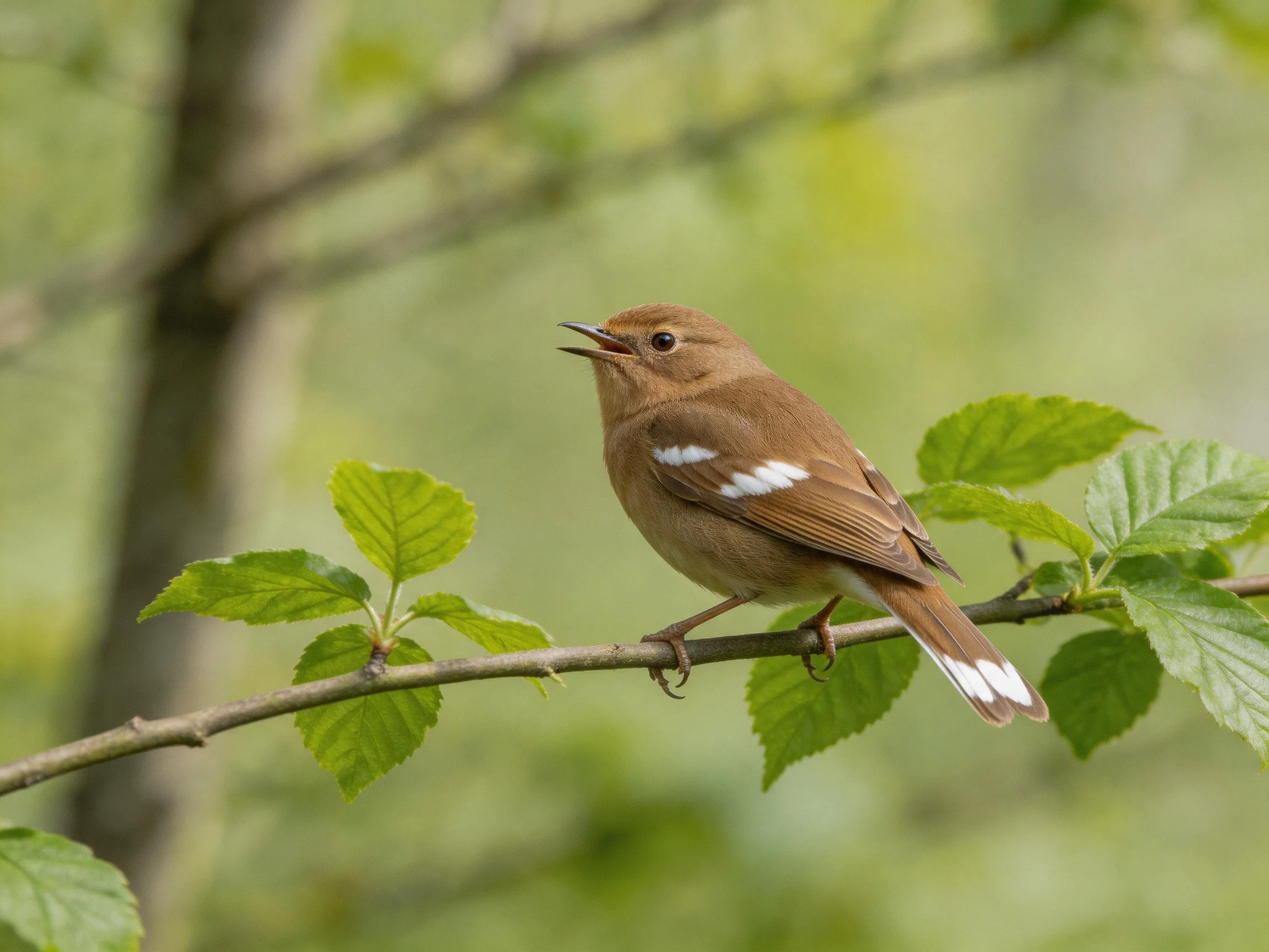 A brown bird with white wing patches perches on a leafy branch