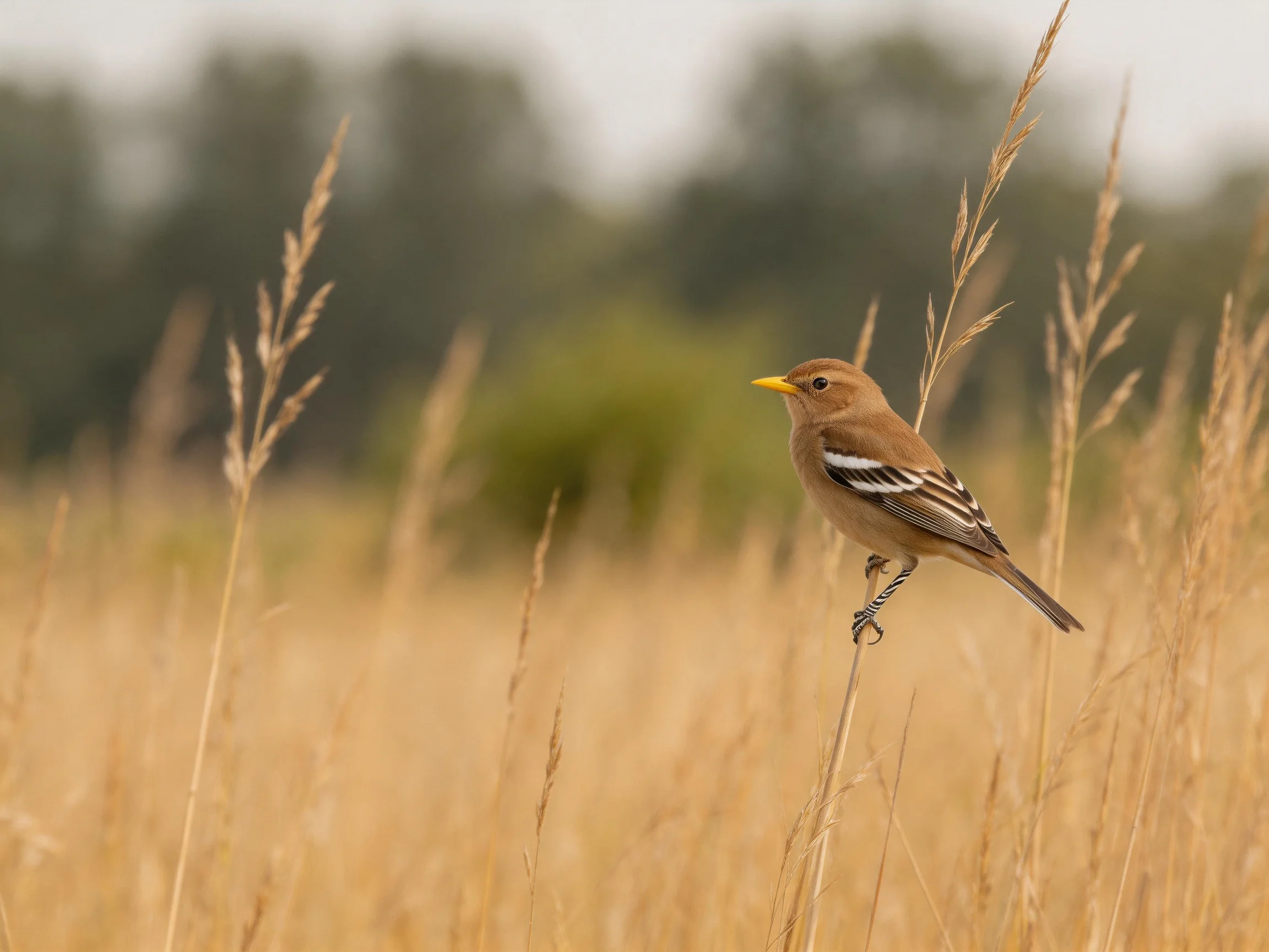 A brown bird with white wing stripes perched on golden grass