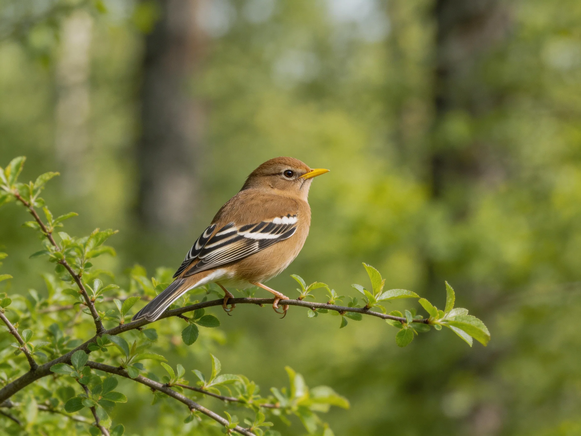 A brown bird with white wing stripes perches on a leafy branch