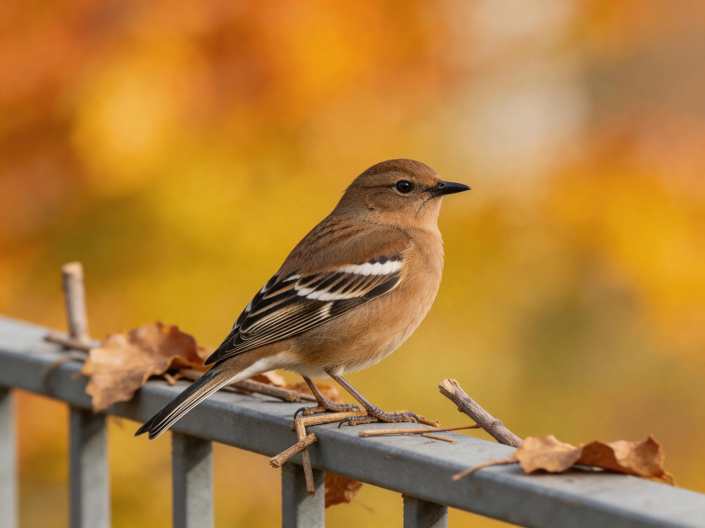 A brown bird with white wing stripes perches on a metal railing near autumn leaves