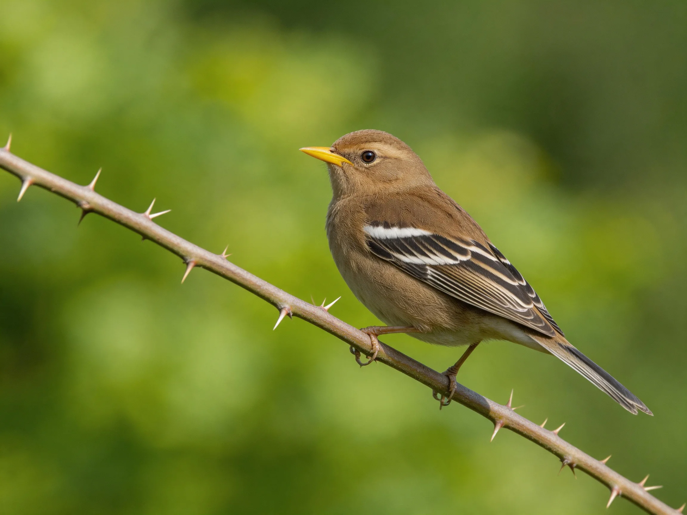 A brown bird with white wing stripes perches on a spiky branch