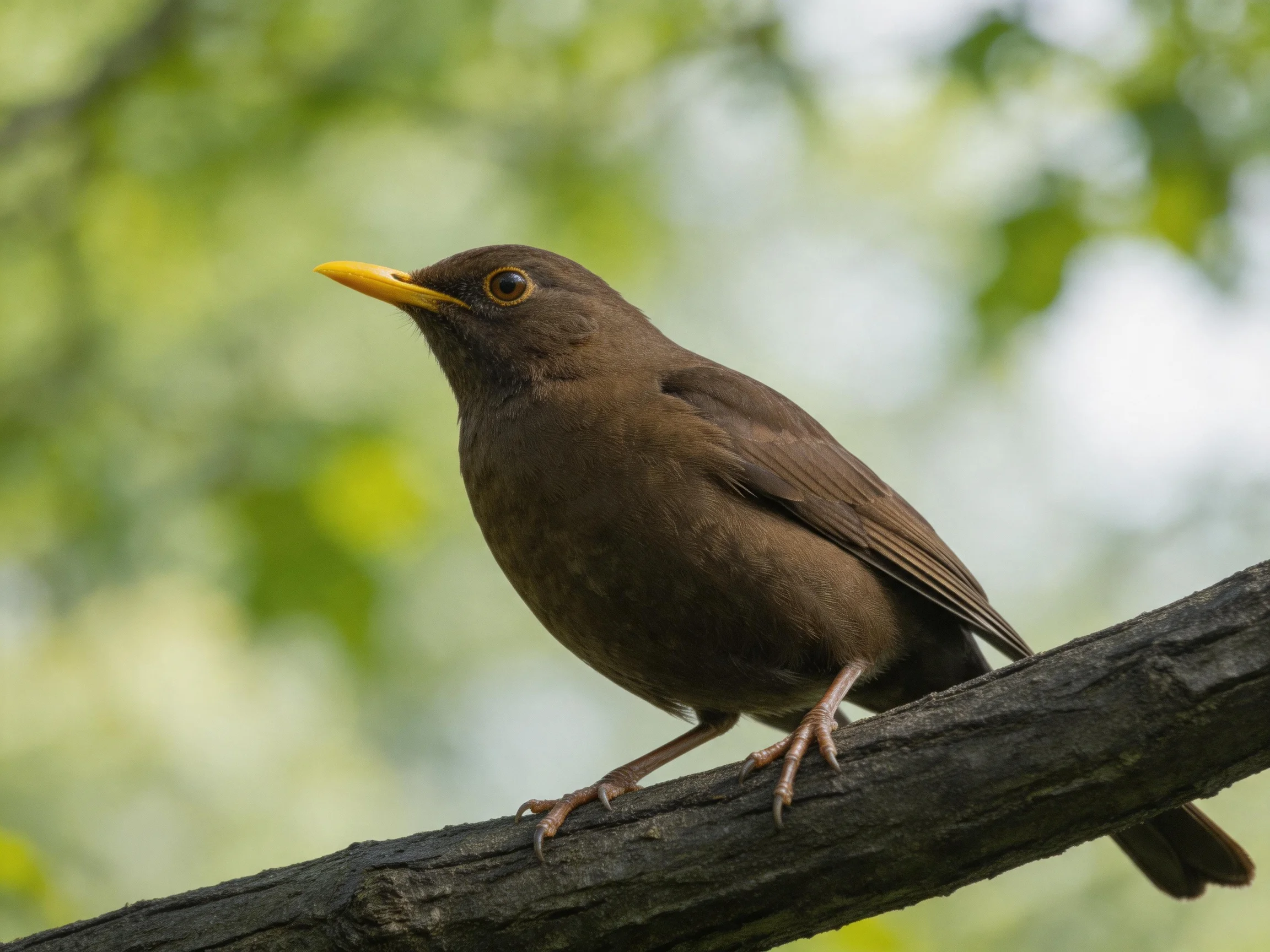 A brown bird with yellow beak perched on a dark branch