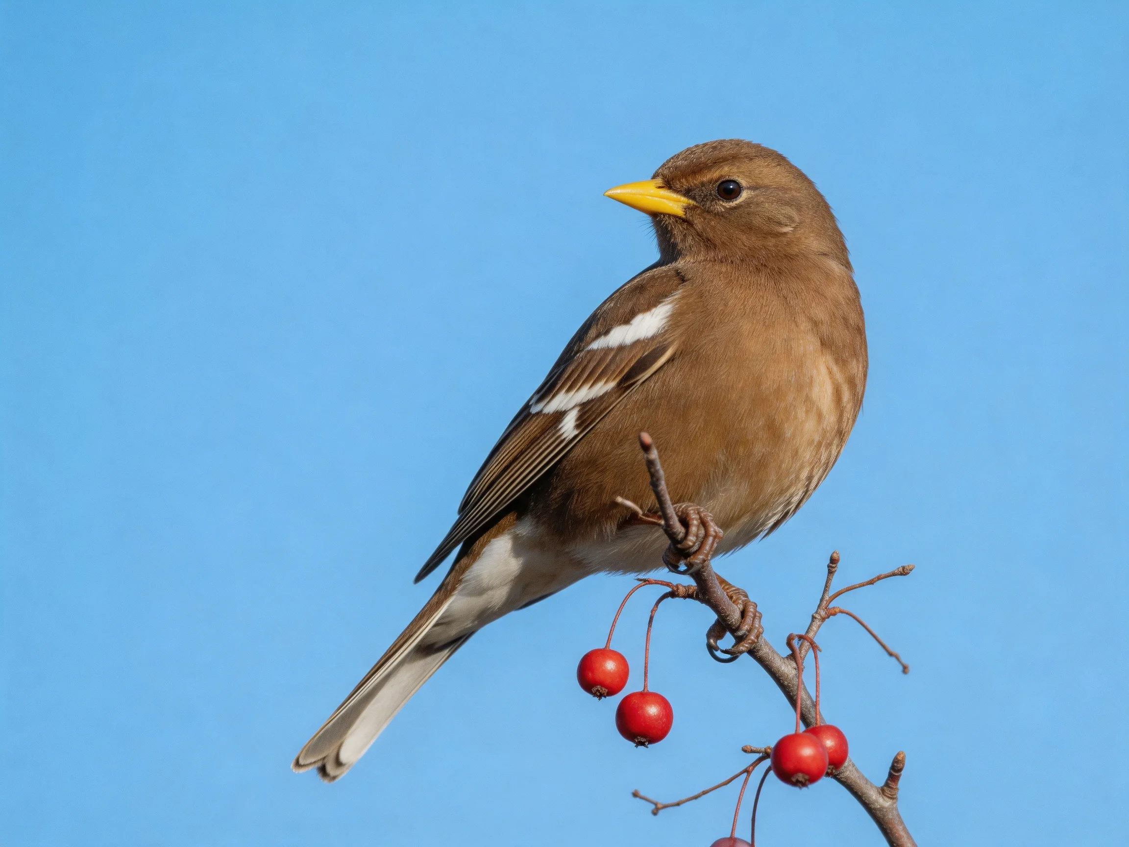 A brown bird with yellow beak perches on a branch with red berries
