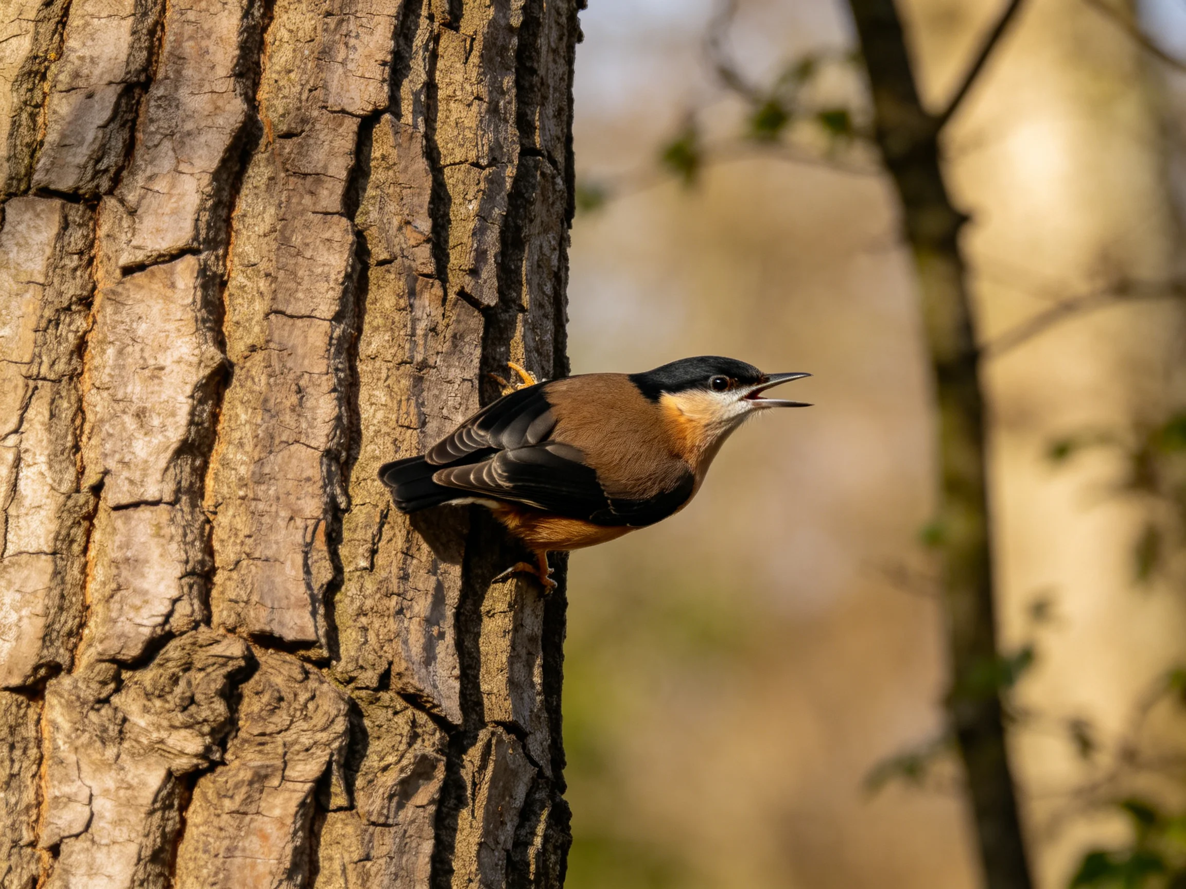 A small bird with distinct coloration clings to a large tree trunk.