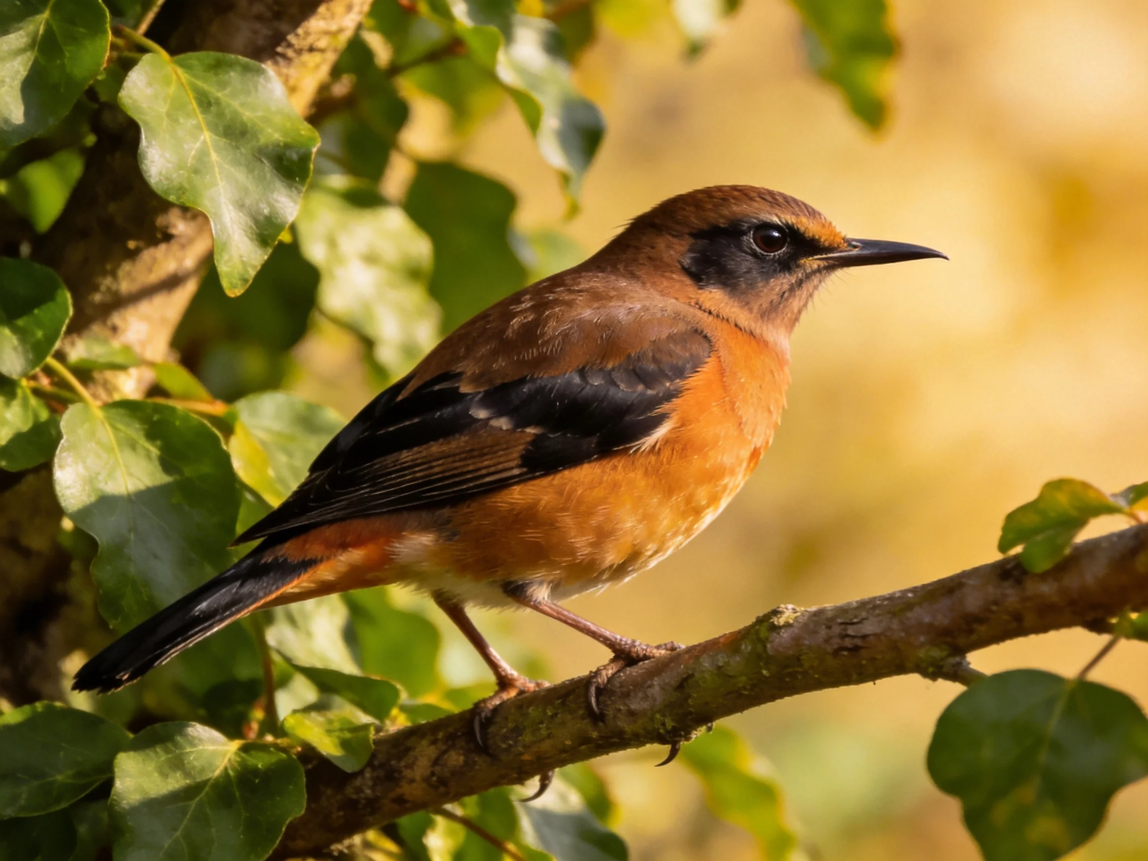 A brown, black, and orange bird perches on a leafy branch