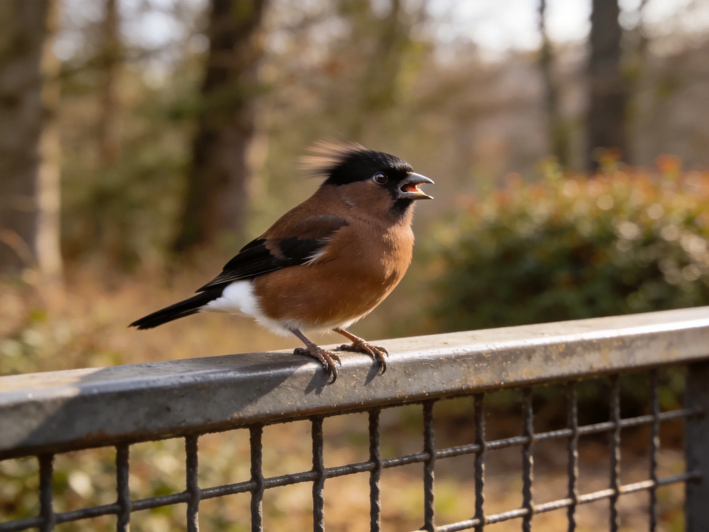 A brown, black, and white bird perched on an outdoor metal railing
