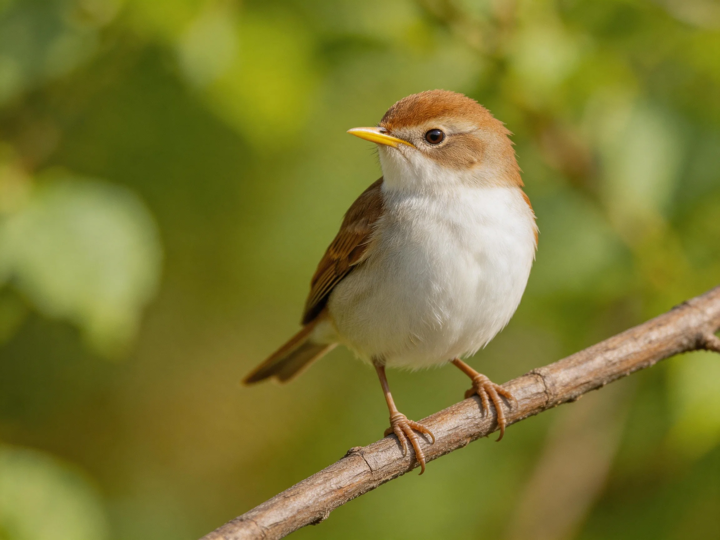 A brown-capped songbird perched on a slender branch