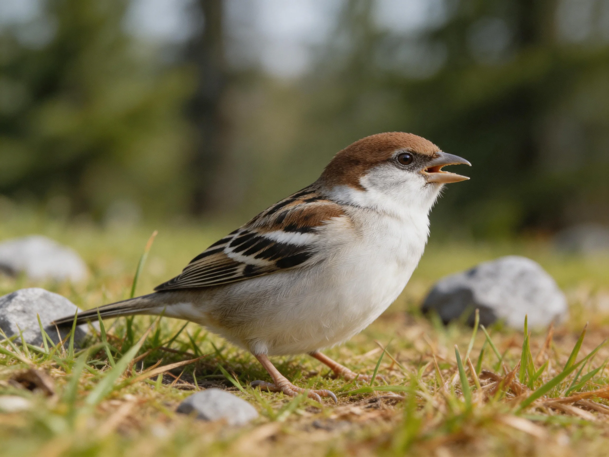 A brown-capped sparrow near gray rocks on grass