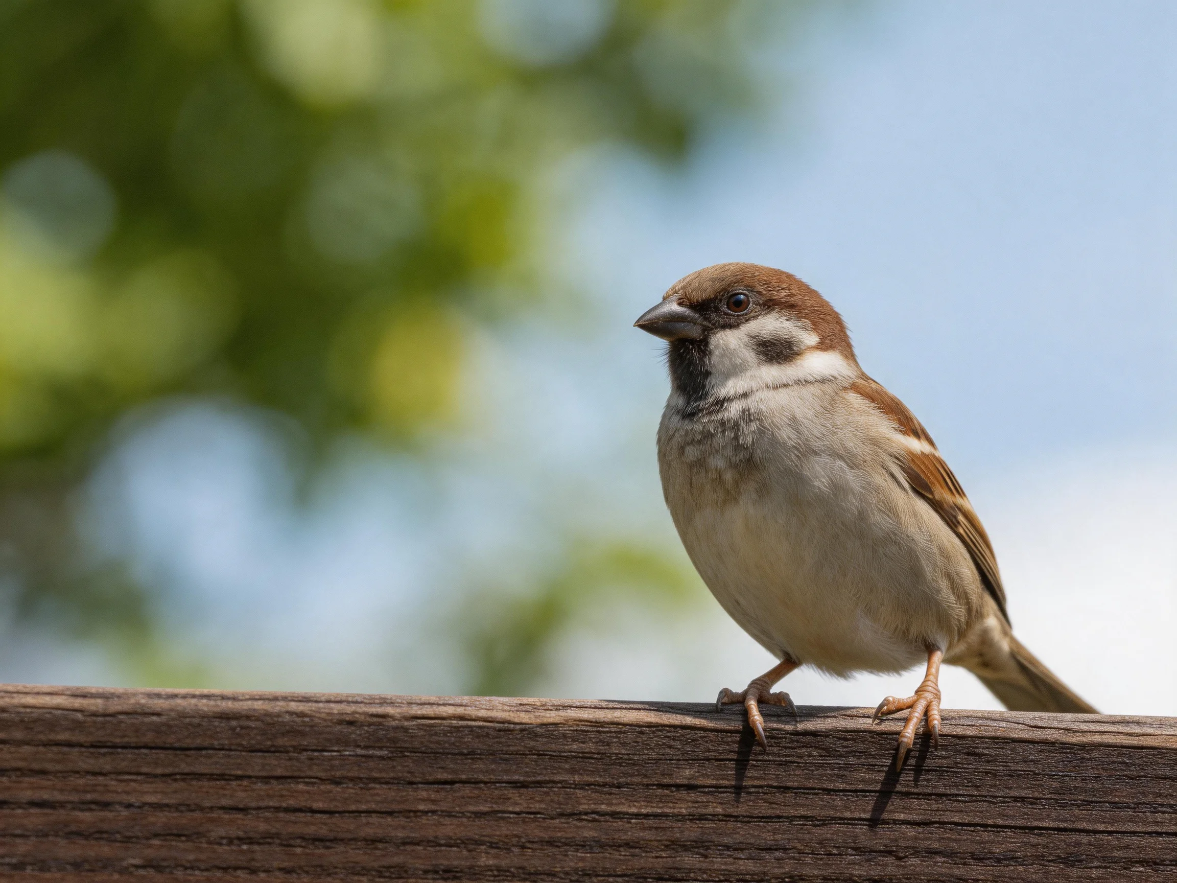 A brown-capped sparrow perched on a wooden beam outdoors