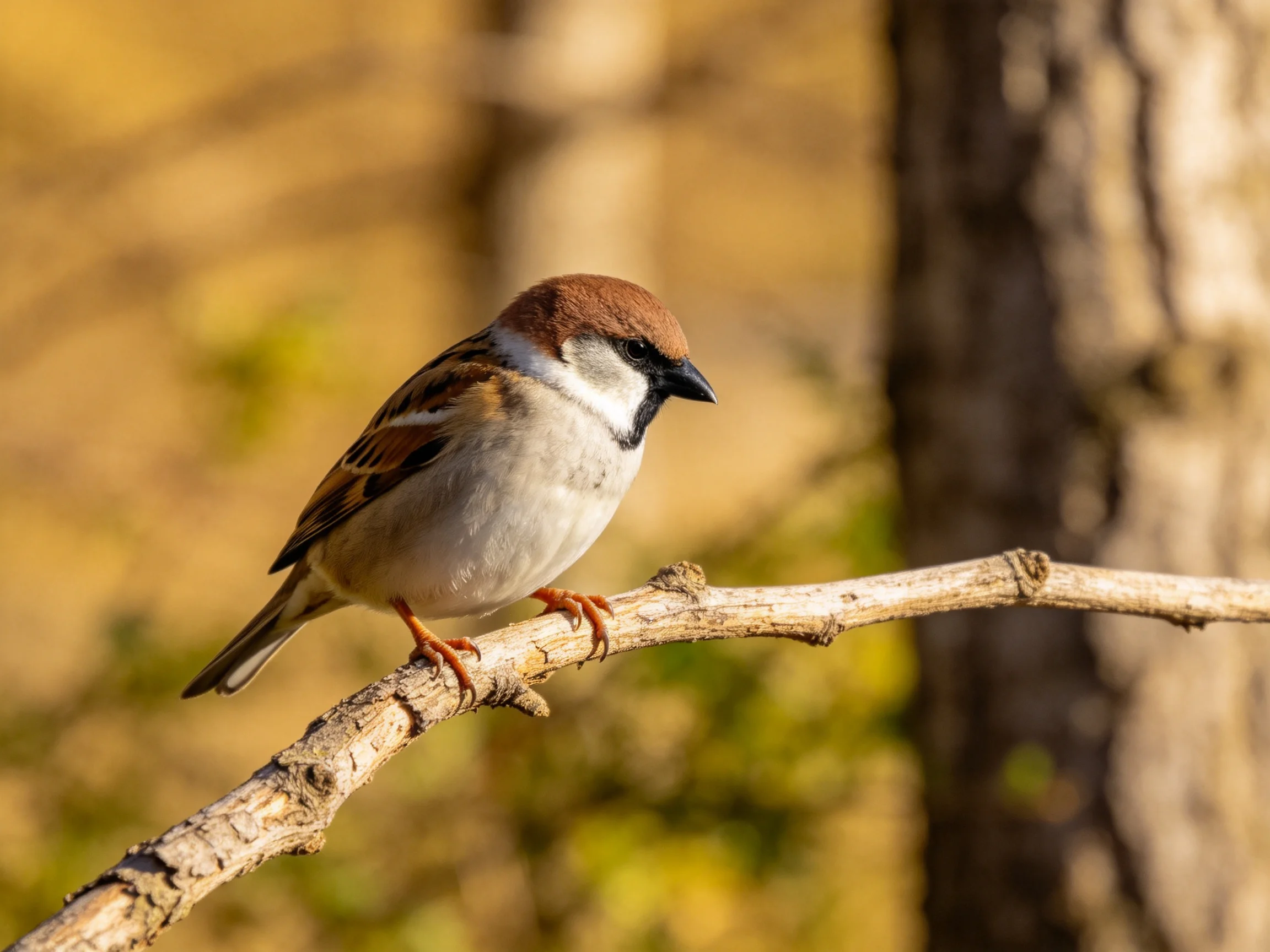 A brown-capped sparrow perches on a dry tree branch