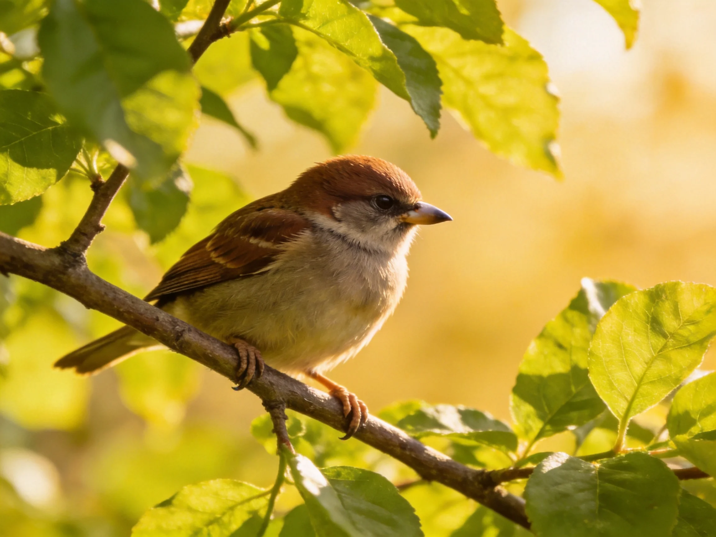 A brown-capped sparrow perches on a leafy branch in golden light