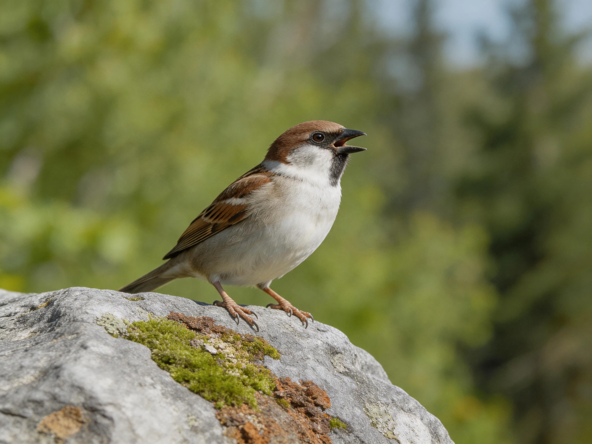A brown-capped sparrow perches on a mossy rock
