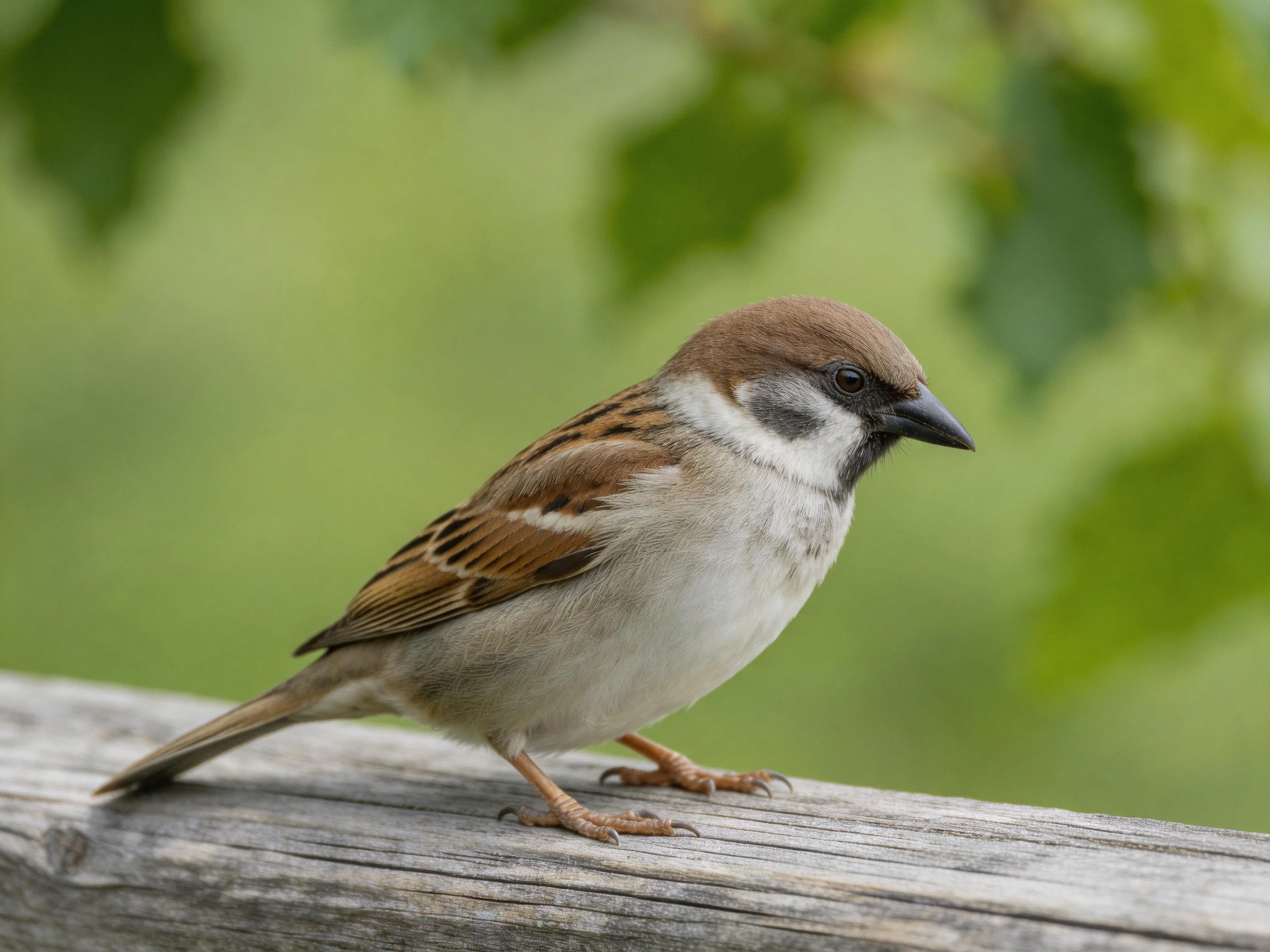 A brown-capped sparrow perches on weathered wood near green foliage