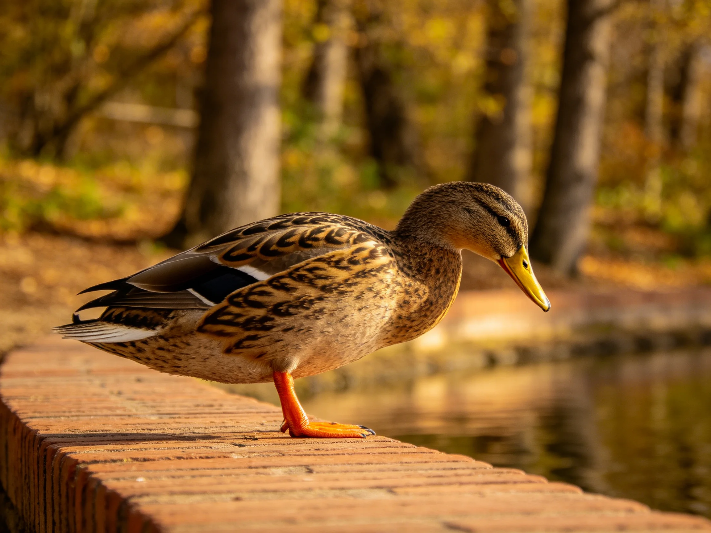 A brown duck perches on a brick ledge near calm water
