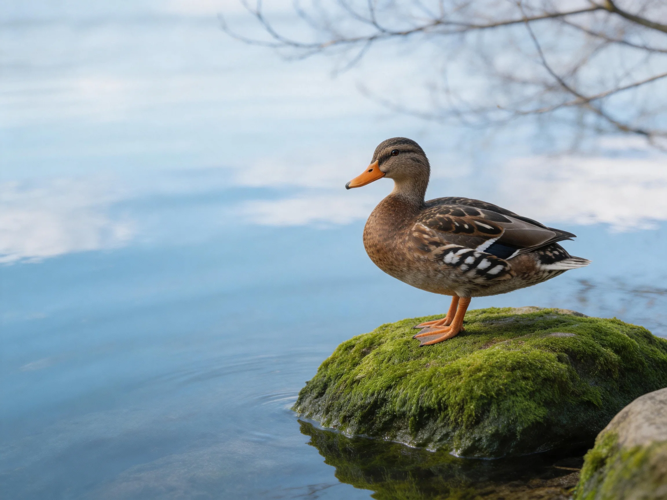 A brown duck perches on a moss-covered rock by calm water