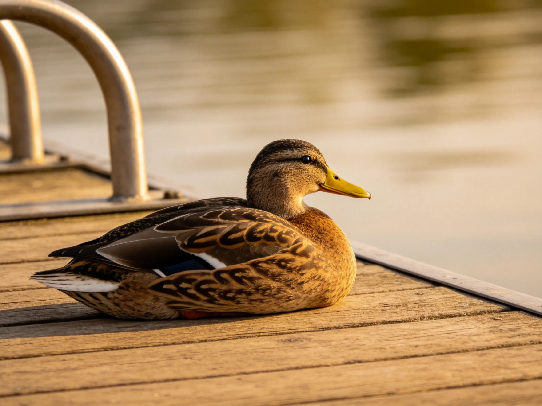 A brown duck rests on a wooden dock near calm water