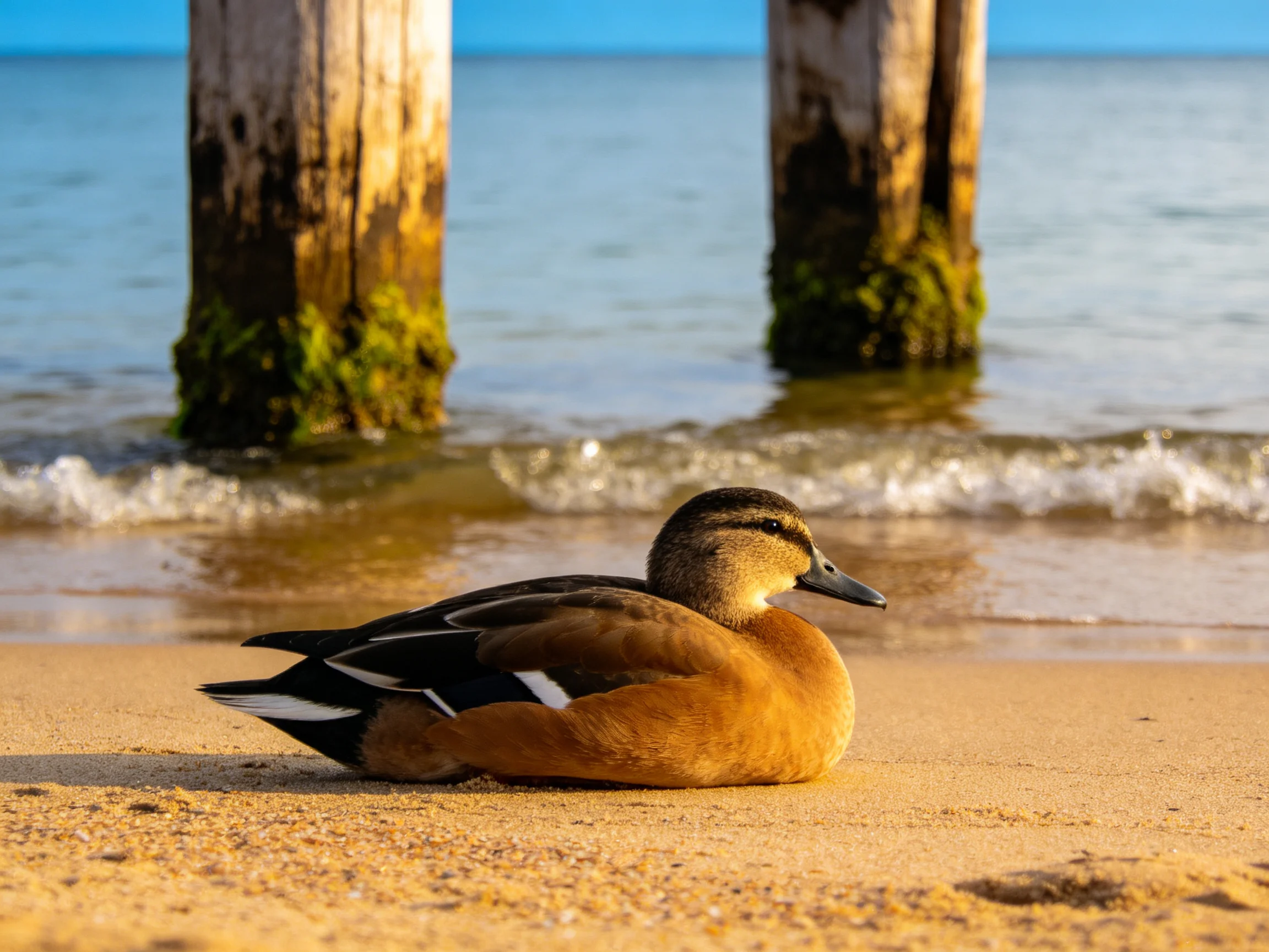 A brown duck rests on golden sand by weathered wooden posts