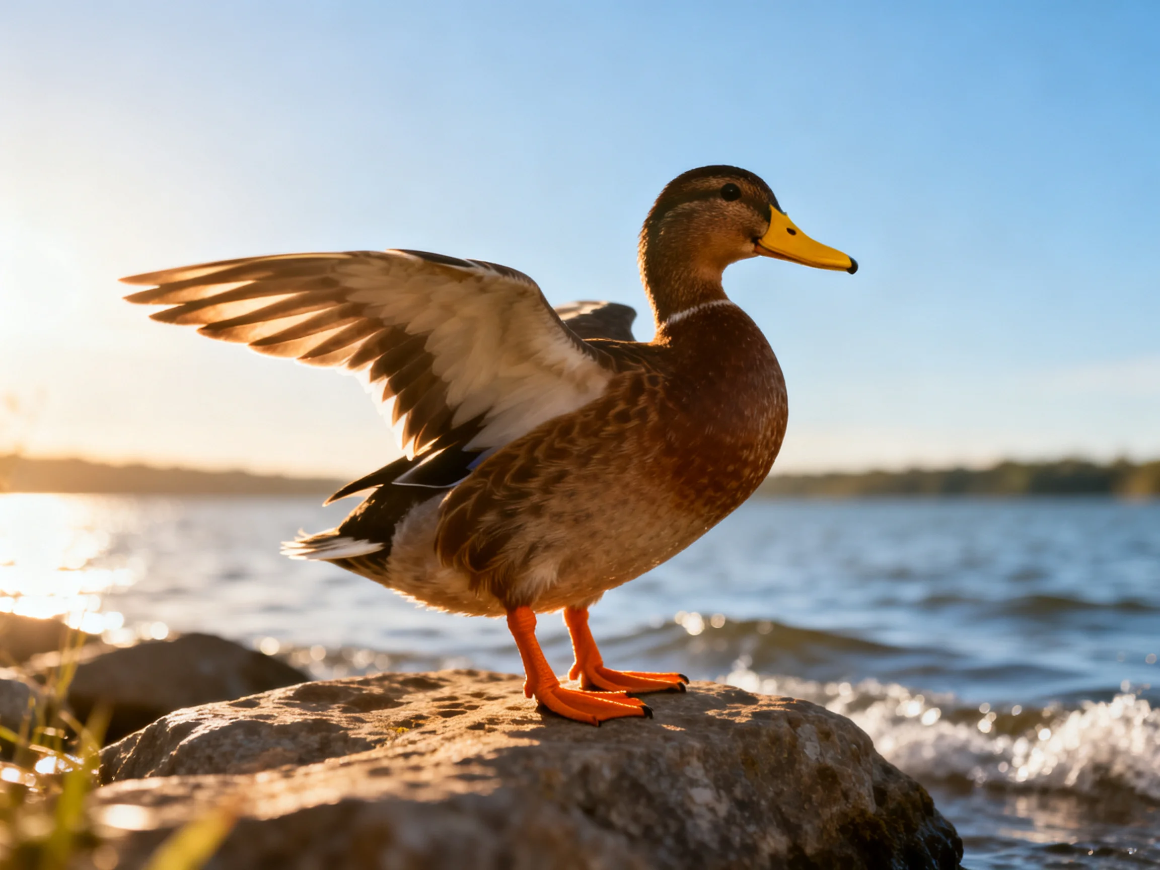 A brown duck spreading wings on a rocky shore by calm water