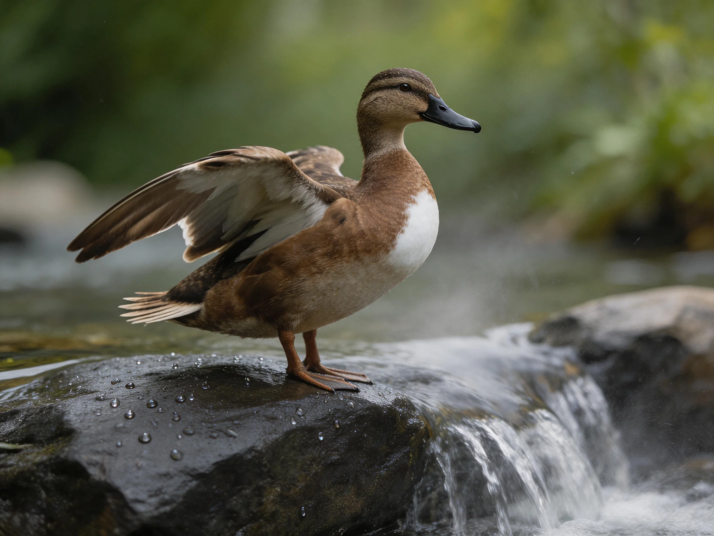 A brown duck spreading wings on a wet river rock