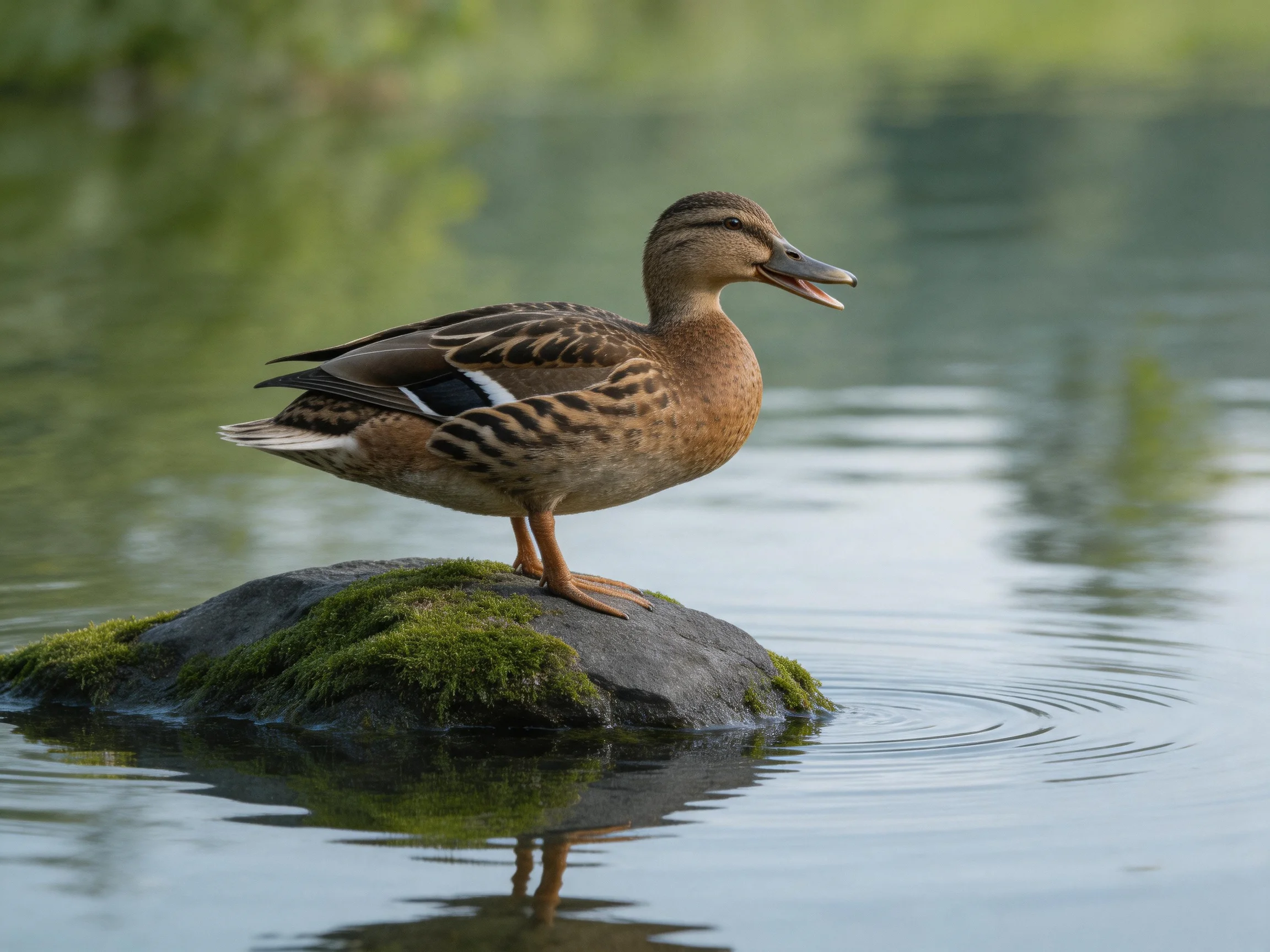 A brown duck stands on a moss-covered rock amid calm water